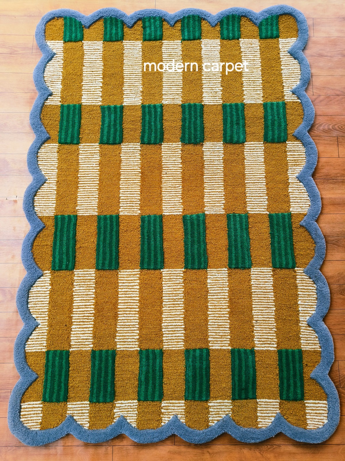 Modern Scalloped Border Area Rug Wavy Checkered Mustard Green Wool Carpet 8×10