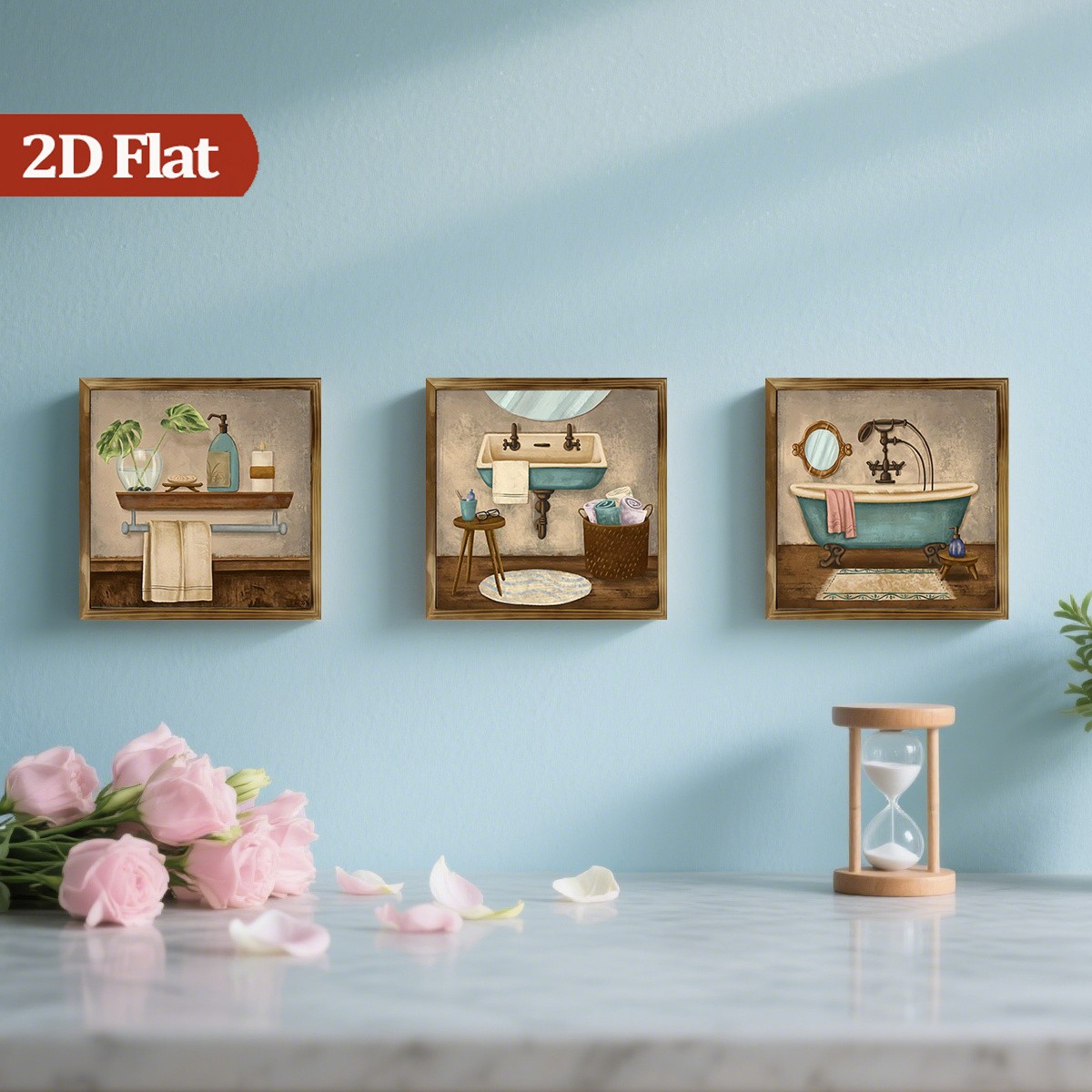 3Pcs Vintage Bathtub Still Life Wooden Sign Rustic Framed Bathroom Wall Decor