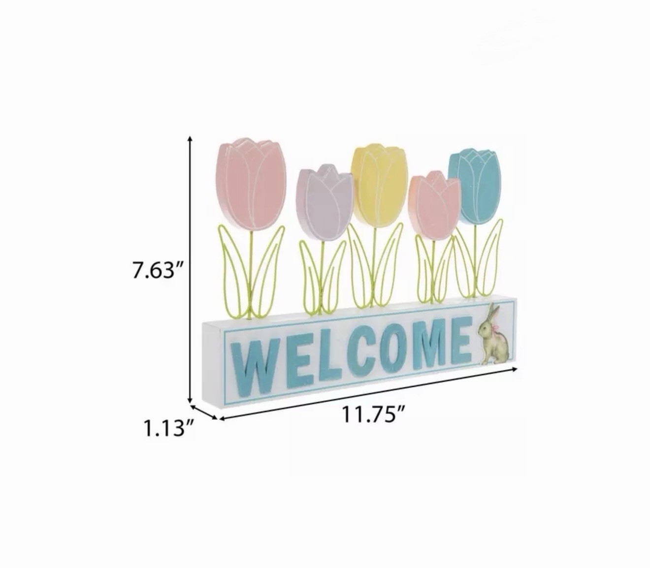 Welcome Tulips Spring Wood Decor Glossy, Glittery Finish Green Wire Leaves NWT