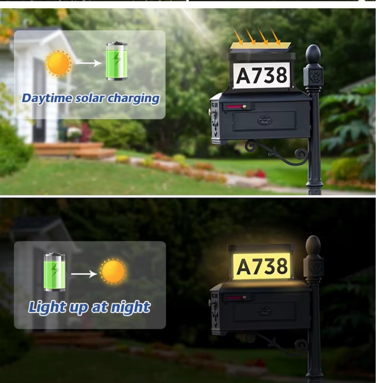 Solar Address Sign Mailbox House Number Plaque Double Side 3 Light Color