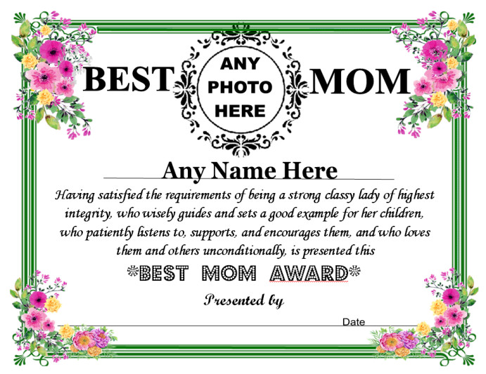 PERSONALIZED PHOTO NAME BEST MOM MOTHER AWARD CERTIFICATE MOTHER’S DAY GIFT