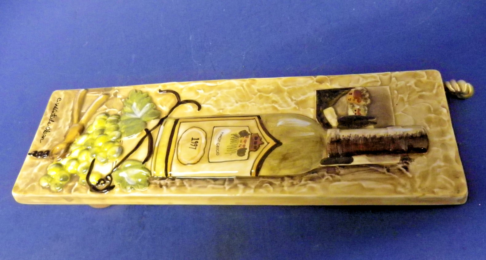 Wall Art 3D Plaque Glossy Ceramic Wine /Grapes Signed C. Winterle Olson 12″ x 4