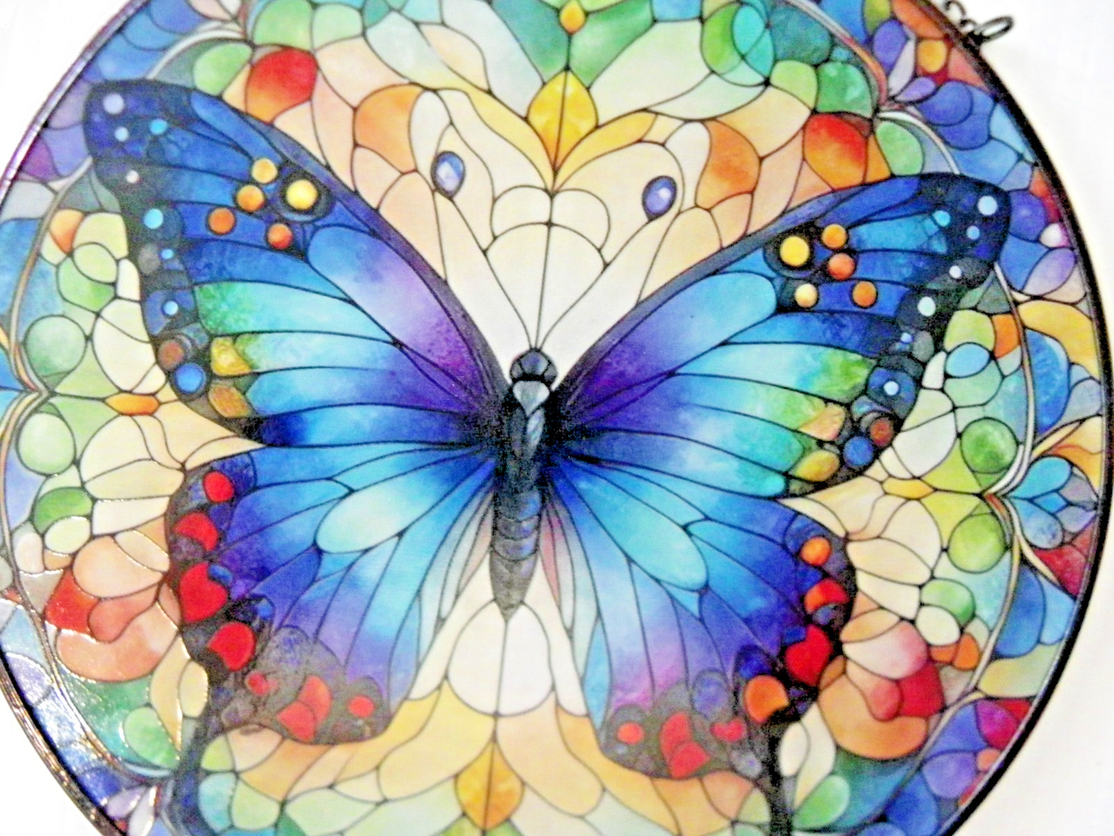 Blue Butterfly Suncatcher Multicolor Geometric Window Art Stained Glass Style 8″