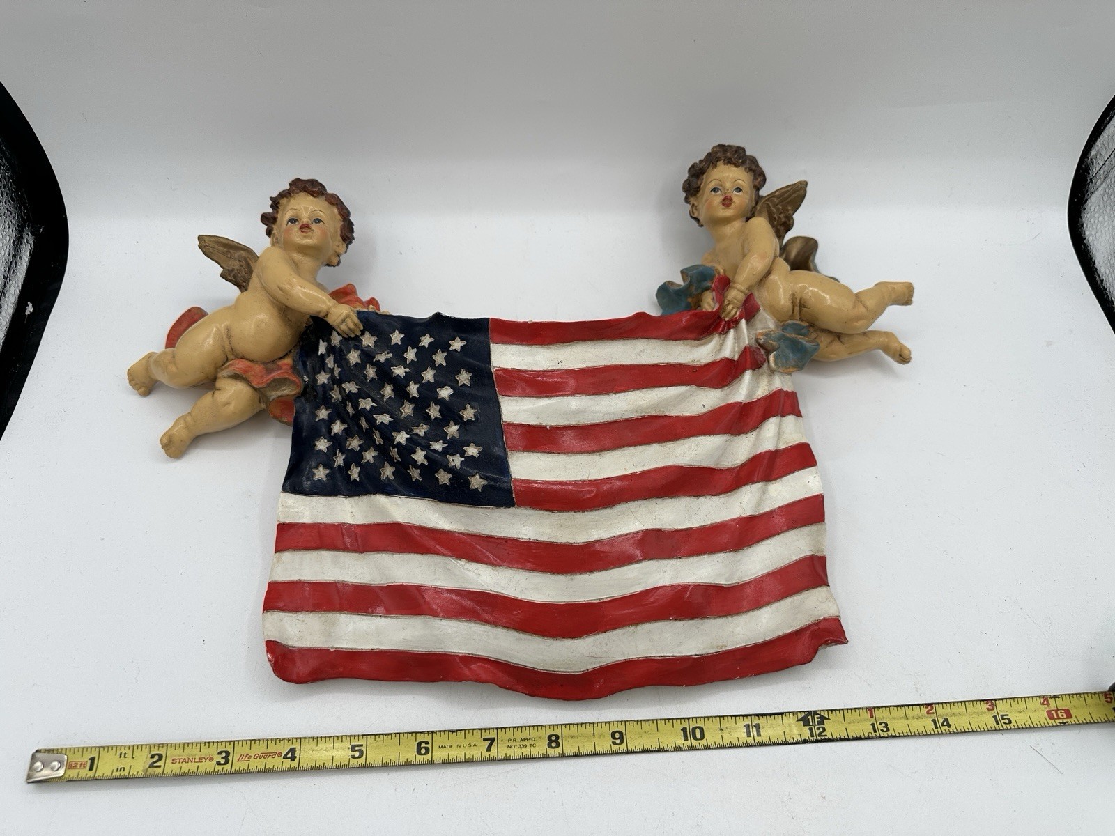 Vintage Patriotic Cherub Angels American Flag Wall Hanging Resin Plaque 16”