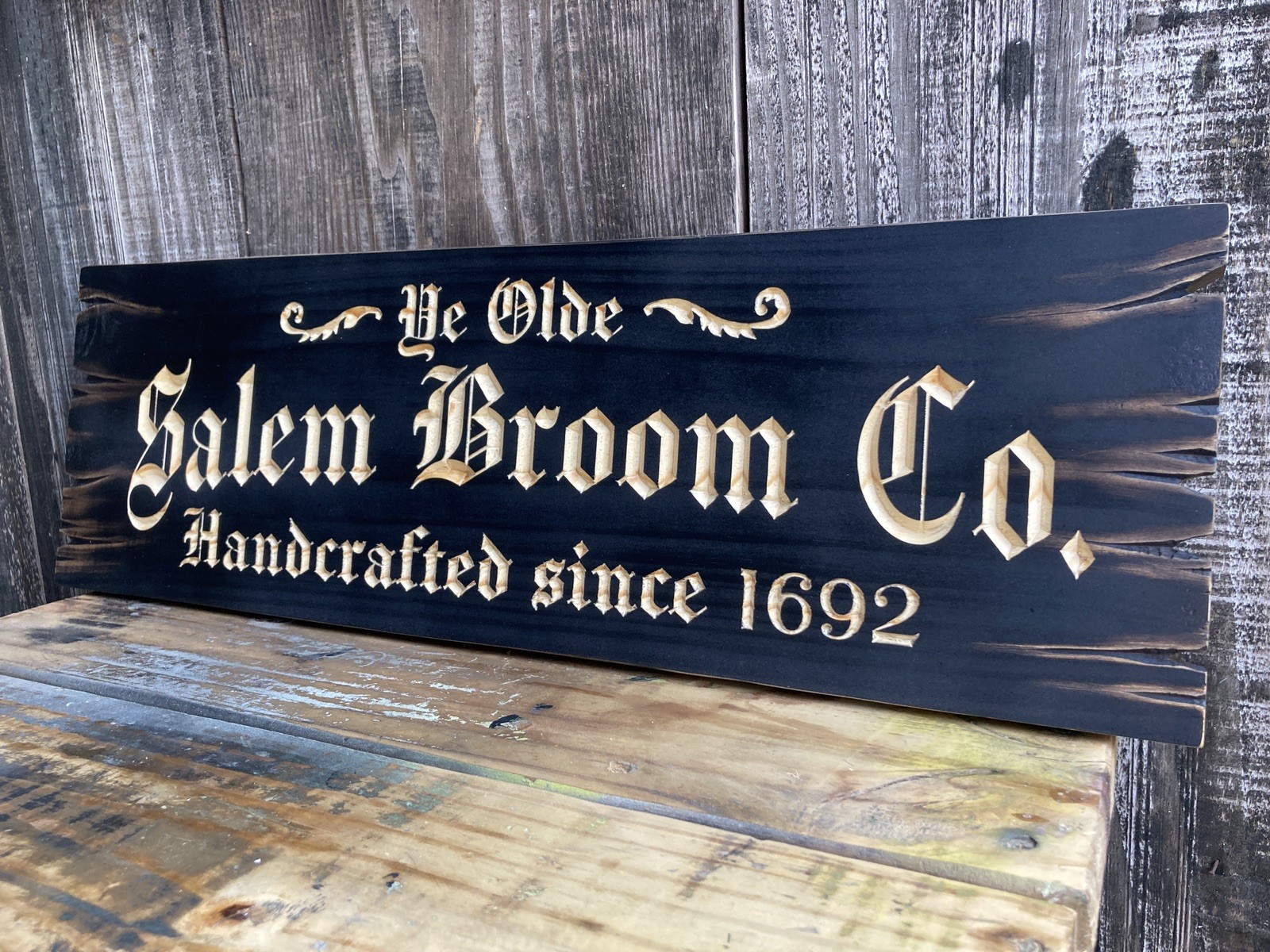 Halloween Salem Witch Broom Wooden Sign Carved Rustic Antique Look
