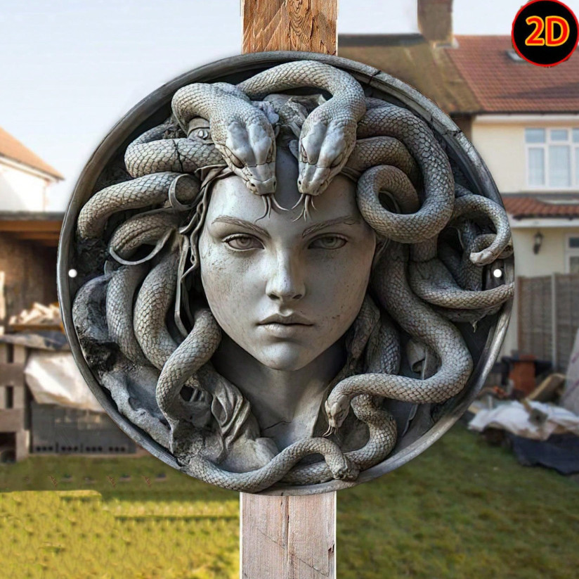 2D Flat Retro Medusa Head Sculpture Wall Art 8 in Round Aluminum Metal Sign, Exq