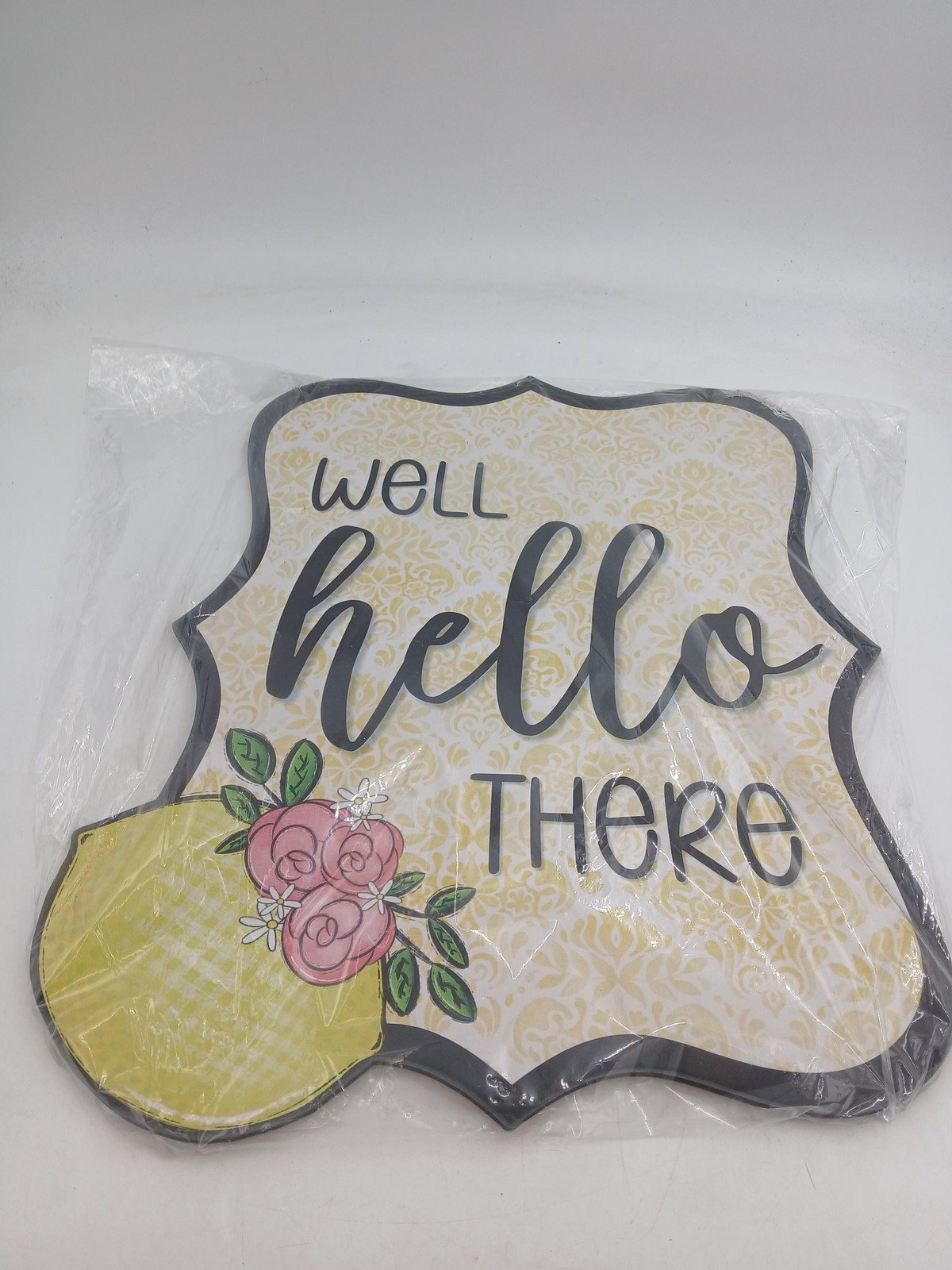 Well Hello There Wall Sign Medium Lemon Floral MDF Printed Decor Plaque Door 21″