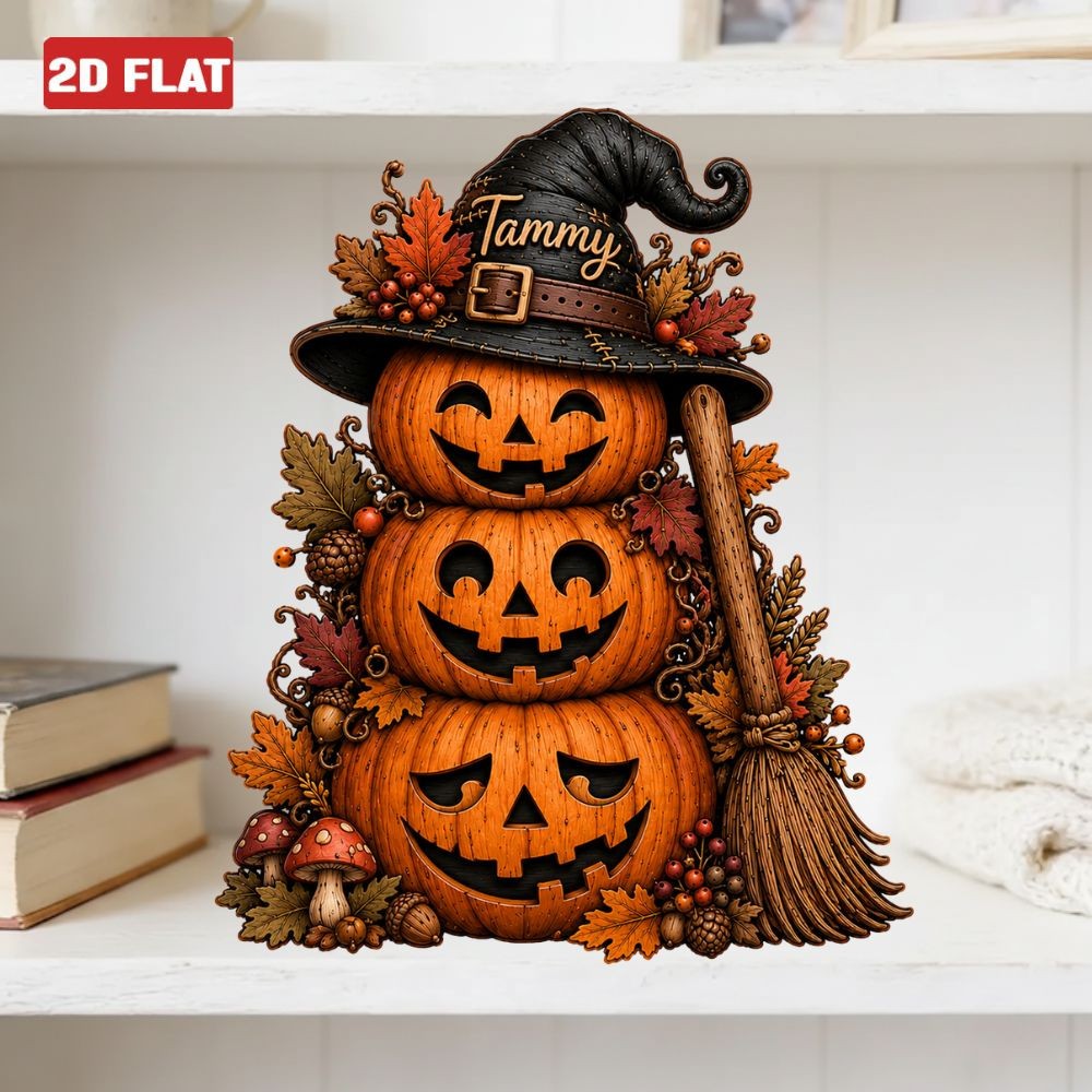 Custom Halloween Pumpkin 2D FLAT Wood Block Spooky Pumpkin Fall Cozy Sign Decor