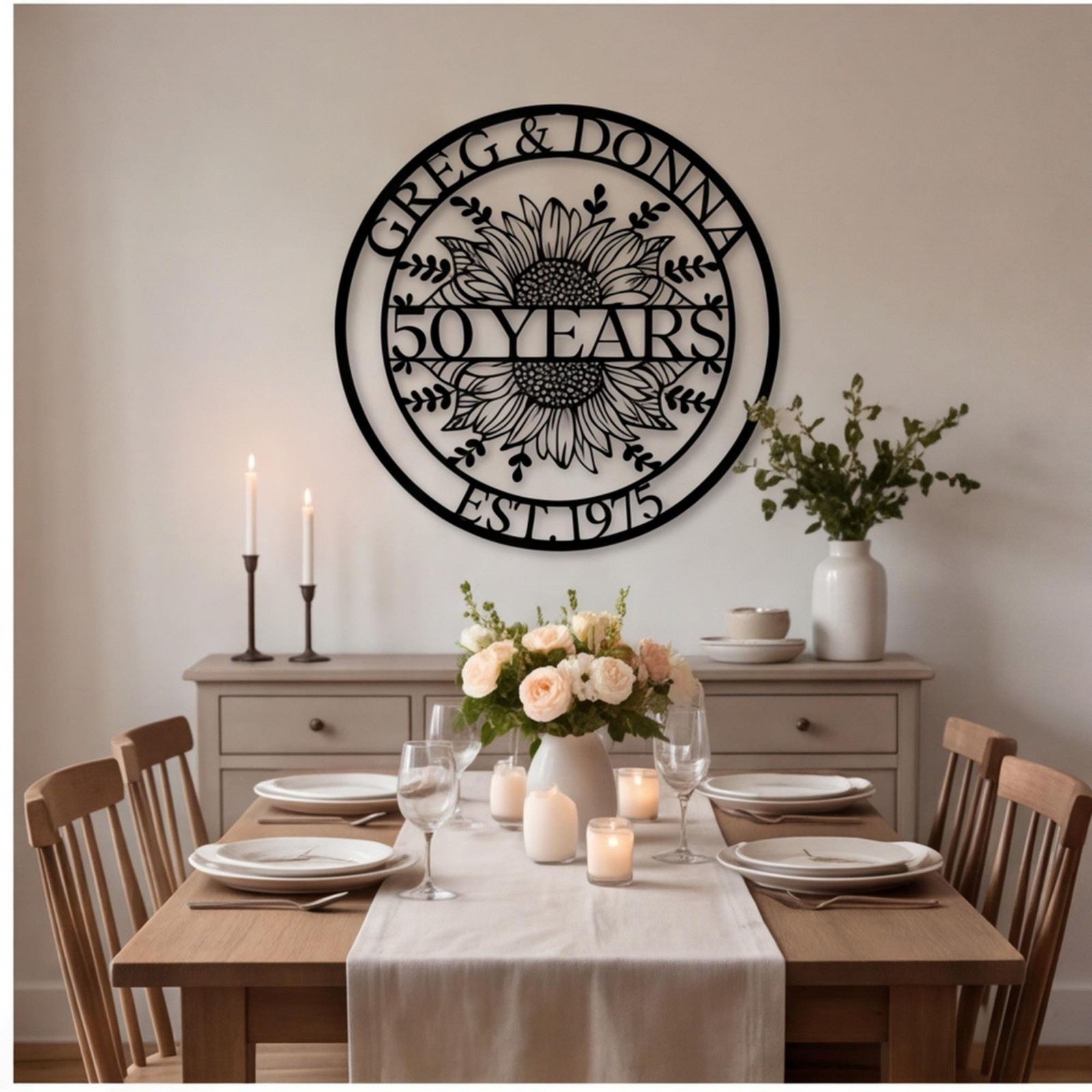 Personalized 50th Anniversary Metal Wall Art, Custom Sunflower Couple Sign