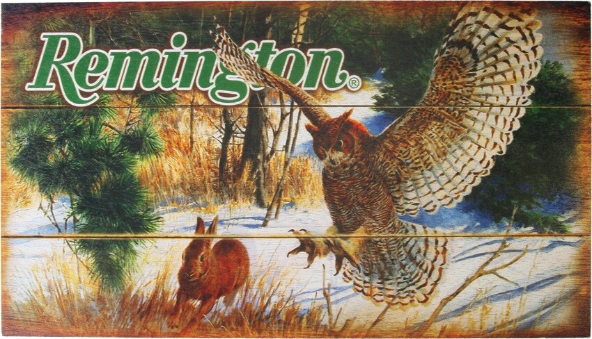 Remington Owl and Rabbit Wood Sign Artwork Outdoors Forest Animals Snow Nature