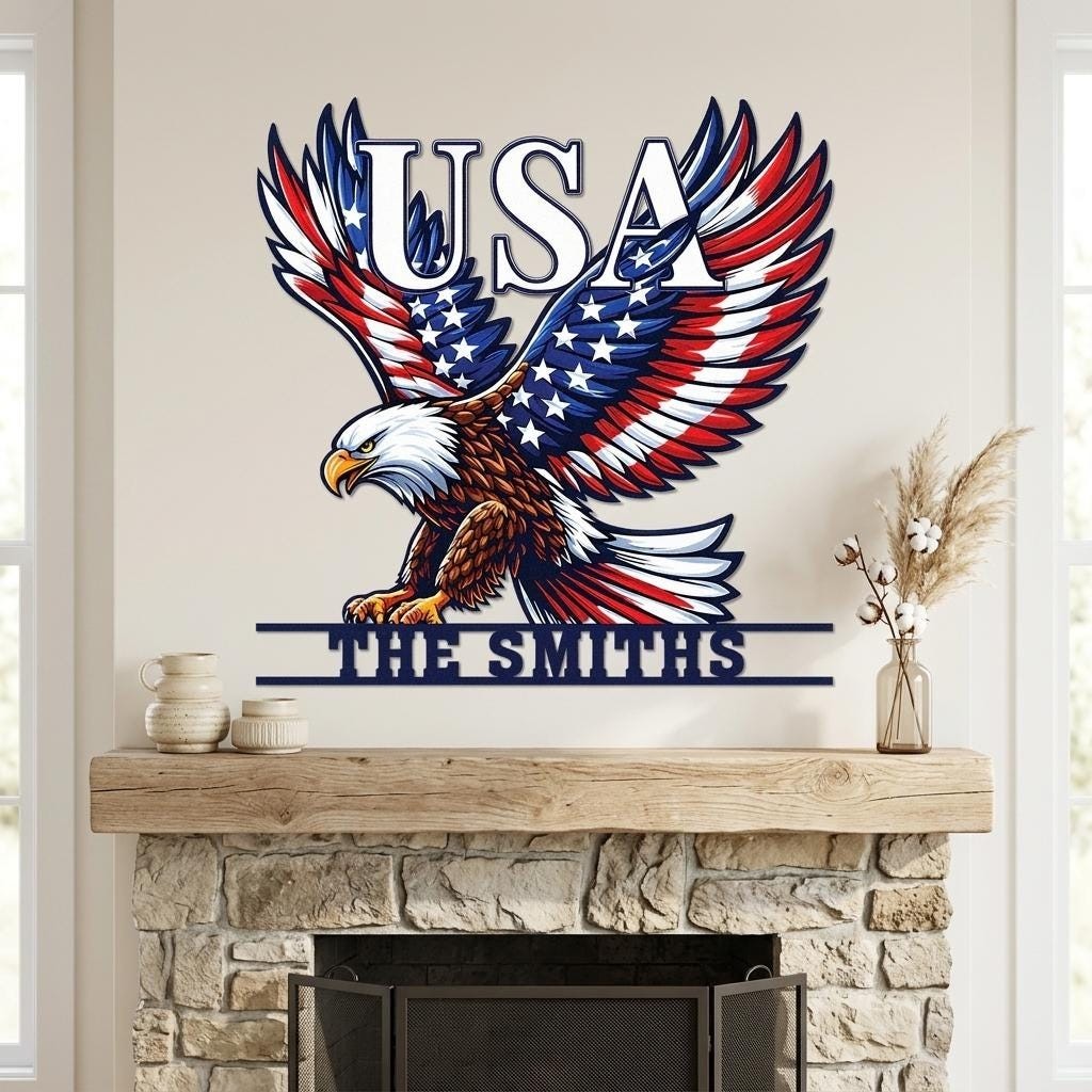 Custom USA Eagle Metal Sign, Patriotic Family Name Wall Art, American Flag Eagle
