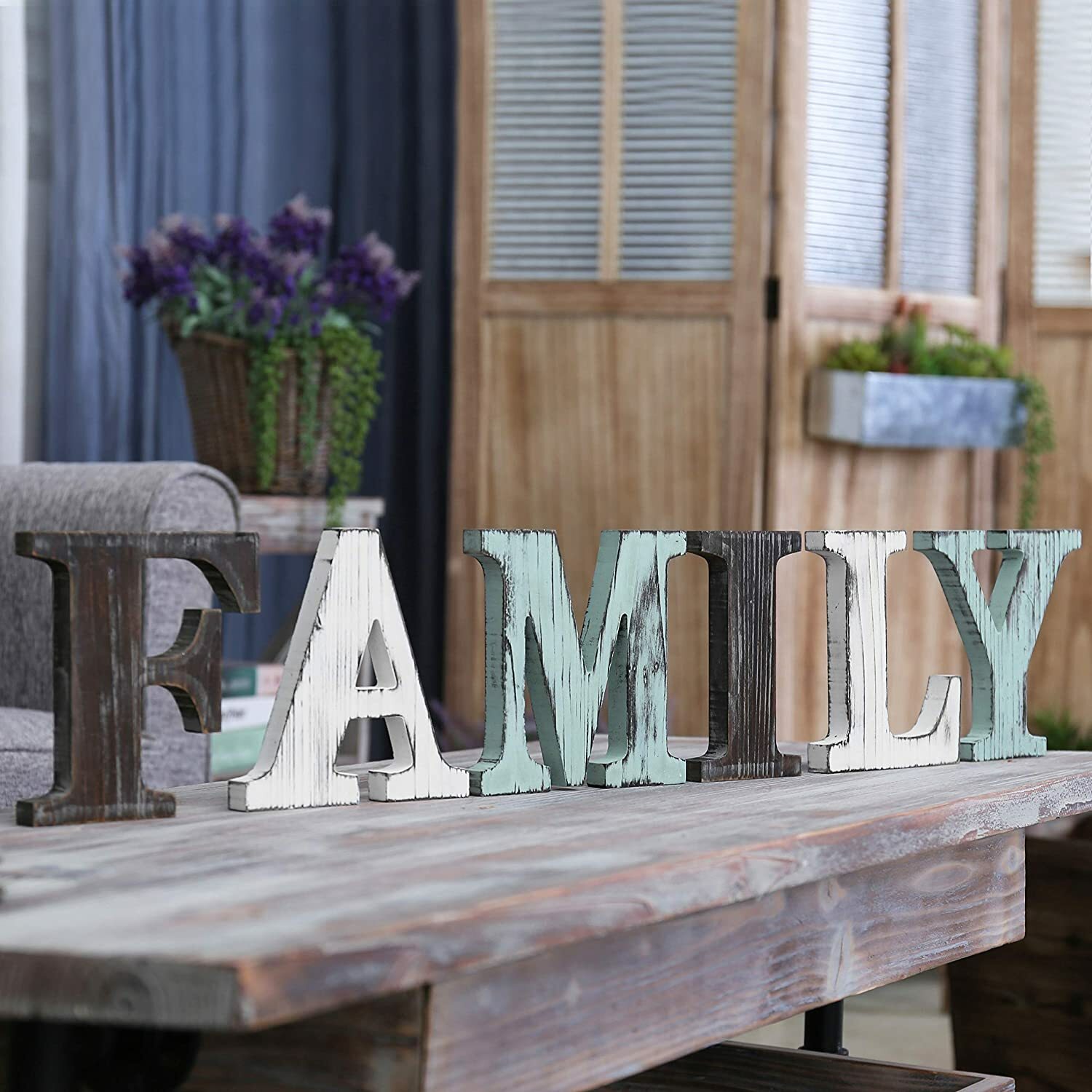 MyGift Rustic Multicolor Wood Tabletop Family Letters Sign
