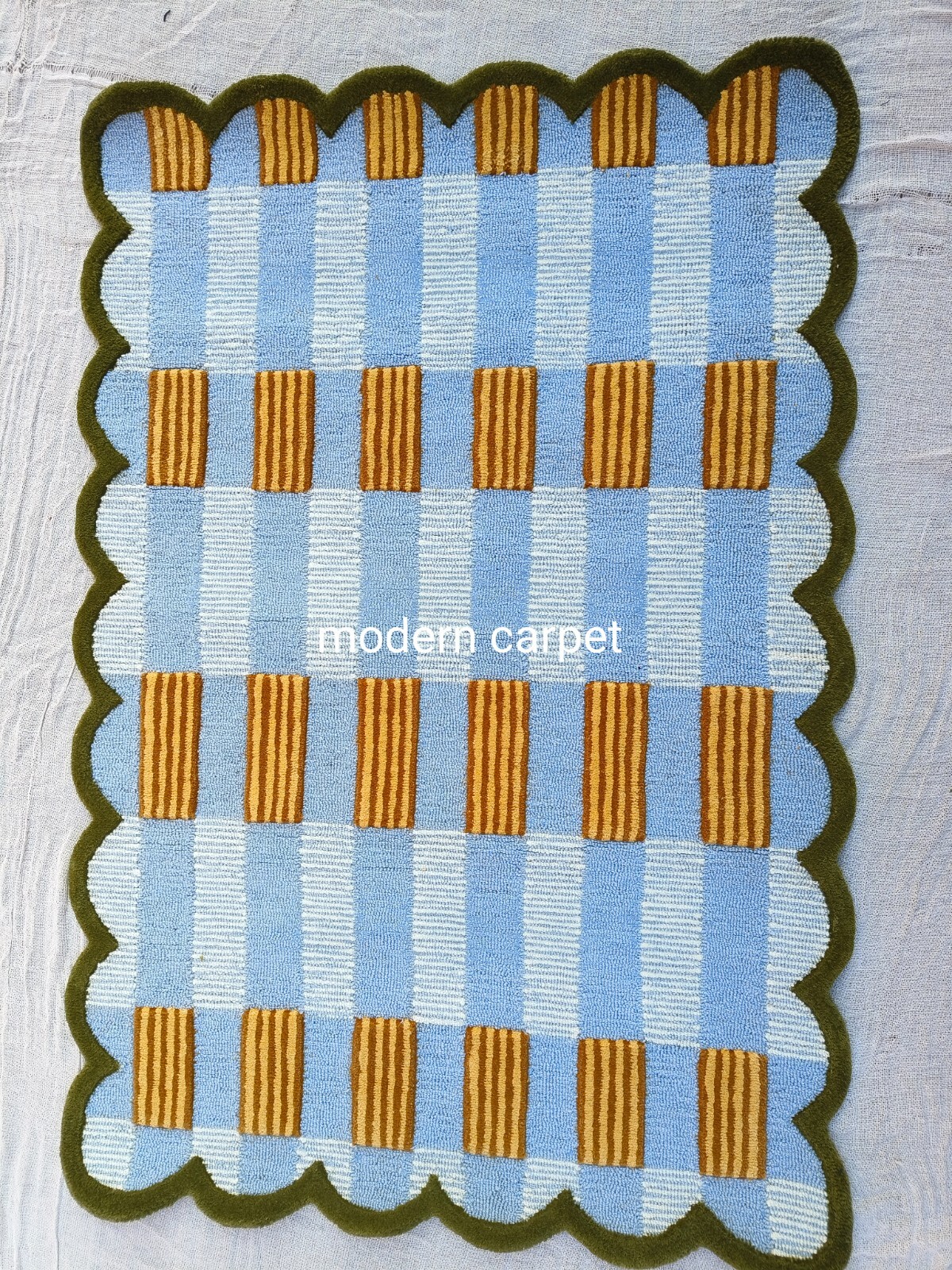 Handmade Wool Tufted Rug Mustard Blue | Modern Geometric Carpet Cozy Home Decors