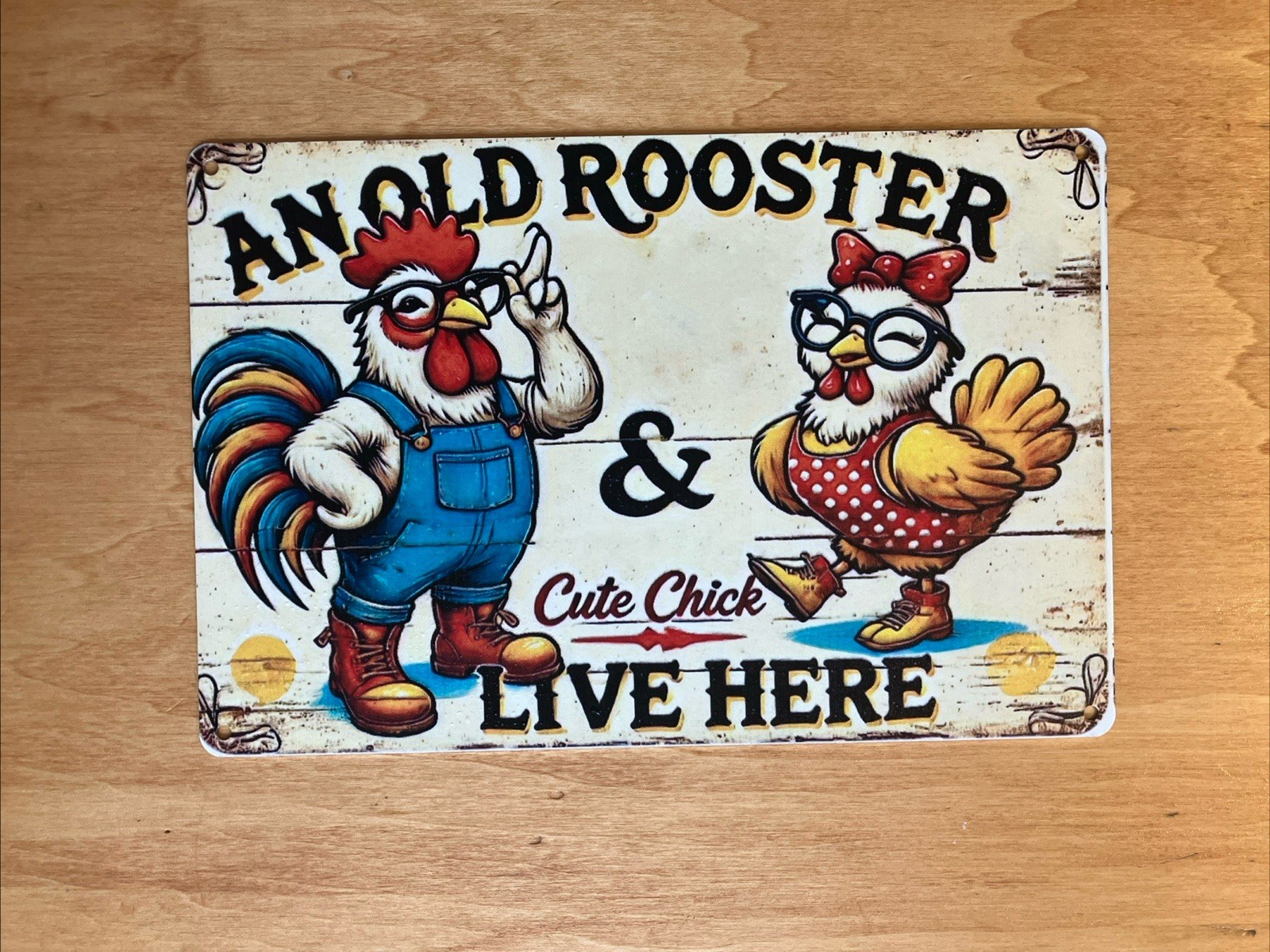 “An Old Rooster And A Cute Chick Live Here”Metal Tin Sign 12 X 8 Inches