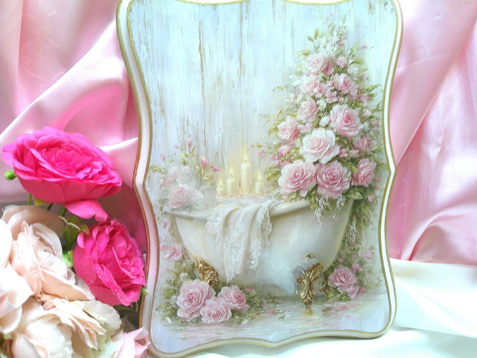 Shabby Chic Victorian~White Clawfoot Tub Image w/Pink Roses~Wooden Plaque~OOAK