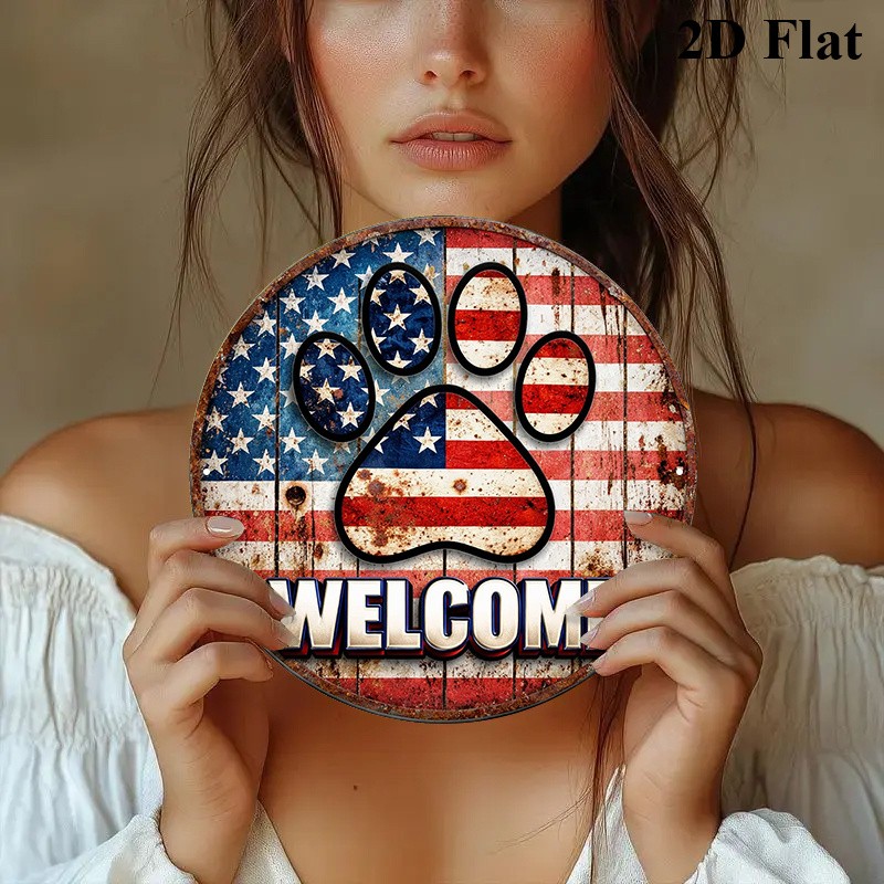 2D “American Flag Paw ” Vintage Patriotic Metal Sign Room Kitchen Garage Decor