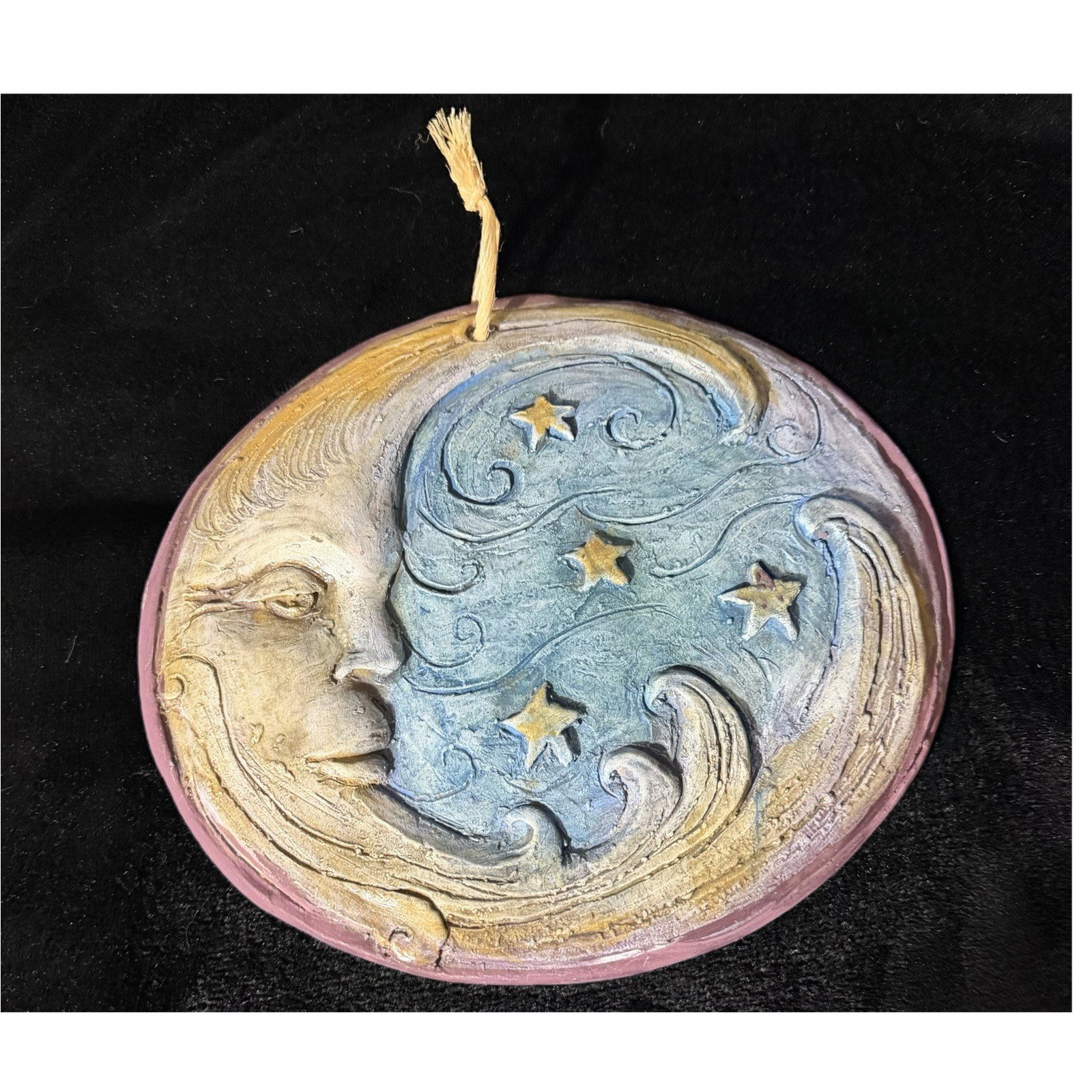 Handmade Sun & Moon Stars Plaster Wall Hanging Plaque, Multicolor, Hand Painted