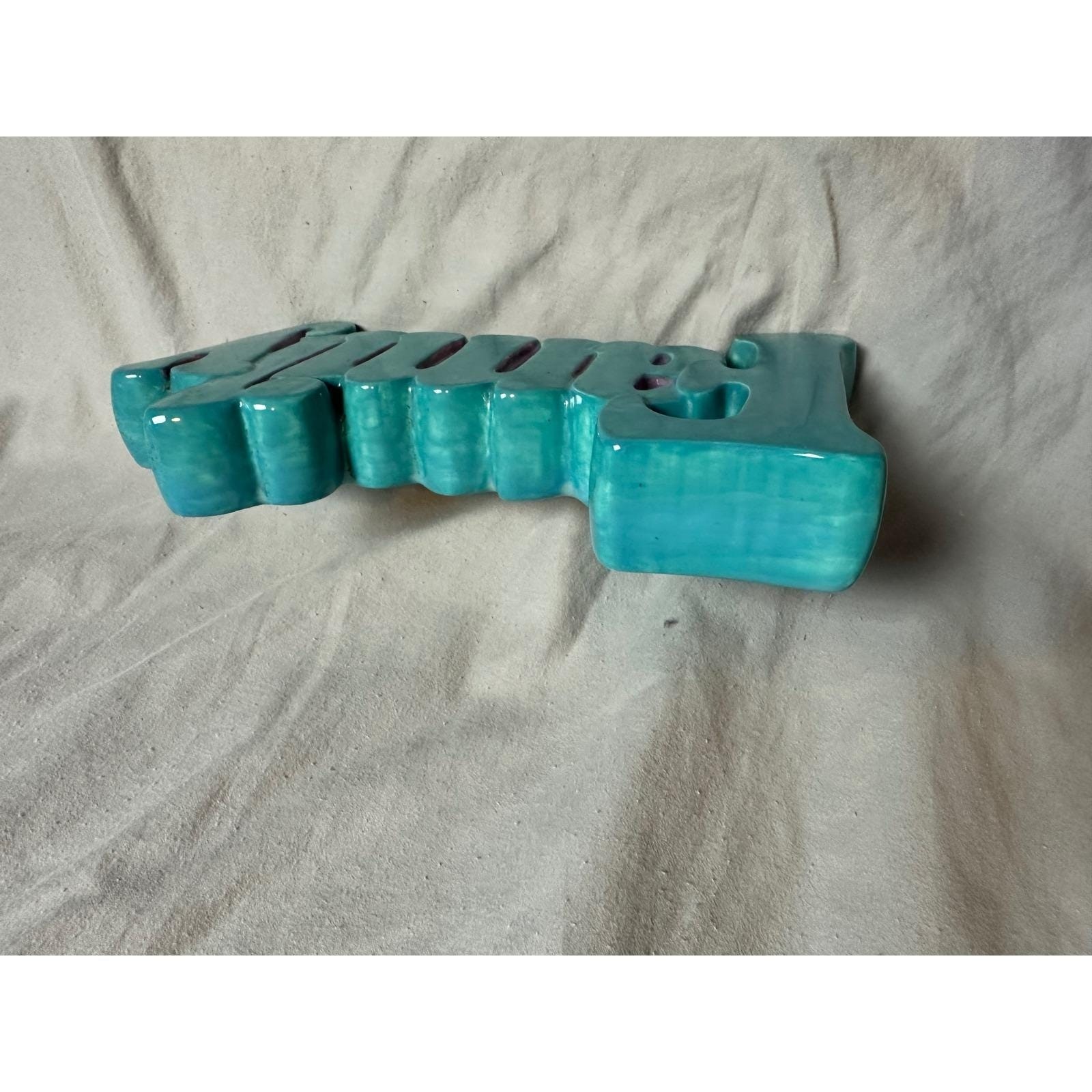 Turquoise Teal Ceramic Family Word Sign Freestanding Tabletop Decor Glossy 10in