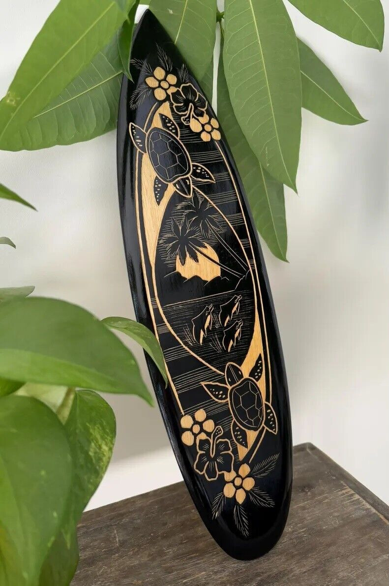 Hawaii Hand Made 20″ Carved Wood Surfboard Home Hanging Decor Engraved Turtle