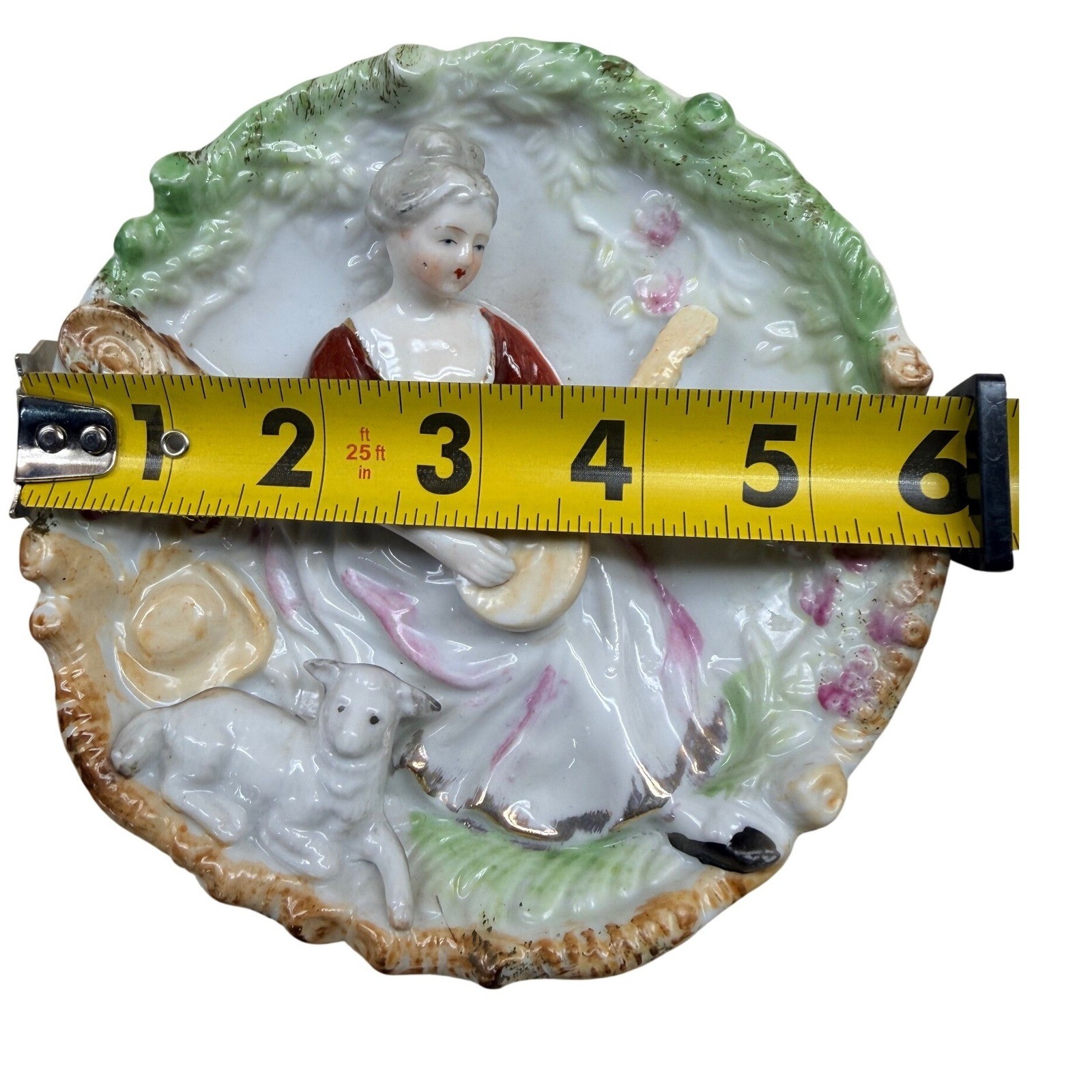 Vintage Porcelain 3D Relief Wall Plaques Set 2 6″ Multicolor Pastoral Figures