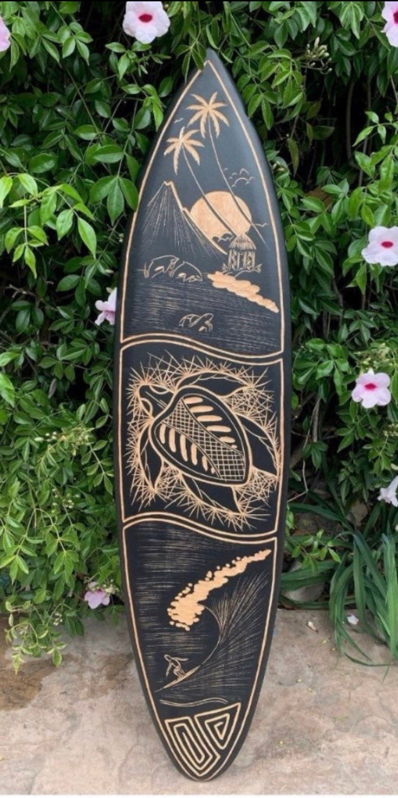 Sea Turtle, Surfer, Tropical Island Surfboard Wood Carving Wall Plaque 39″x 10″