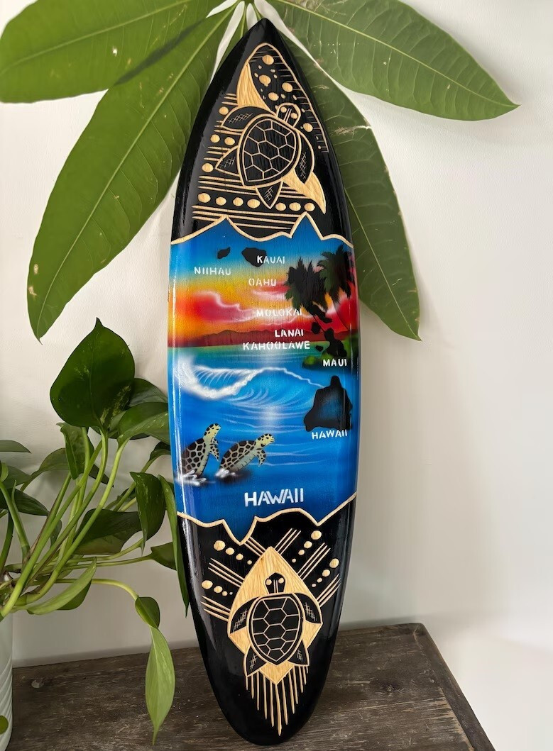 Hawaii Hand Made 20″ Carved Wood Surfboard Home Decor Engraved Turtle Honu