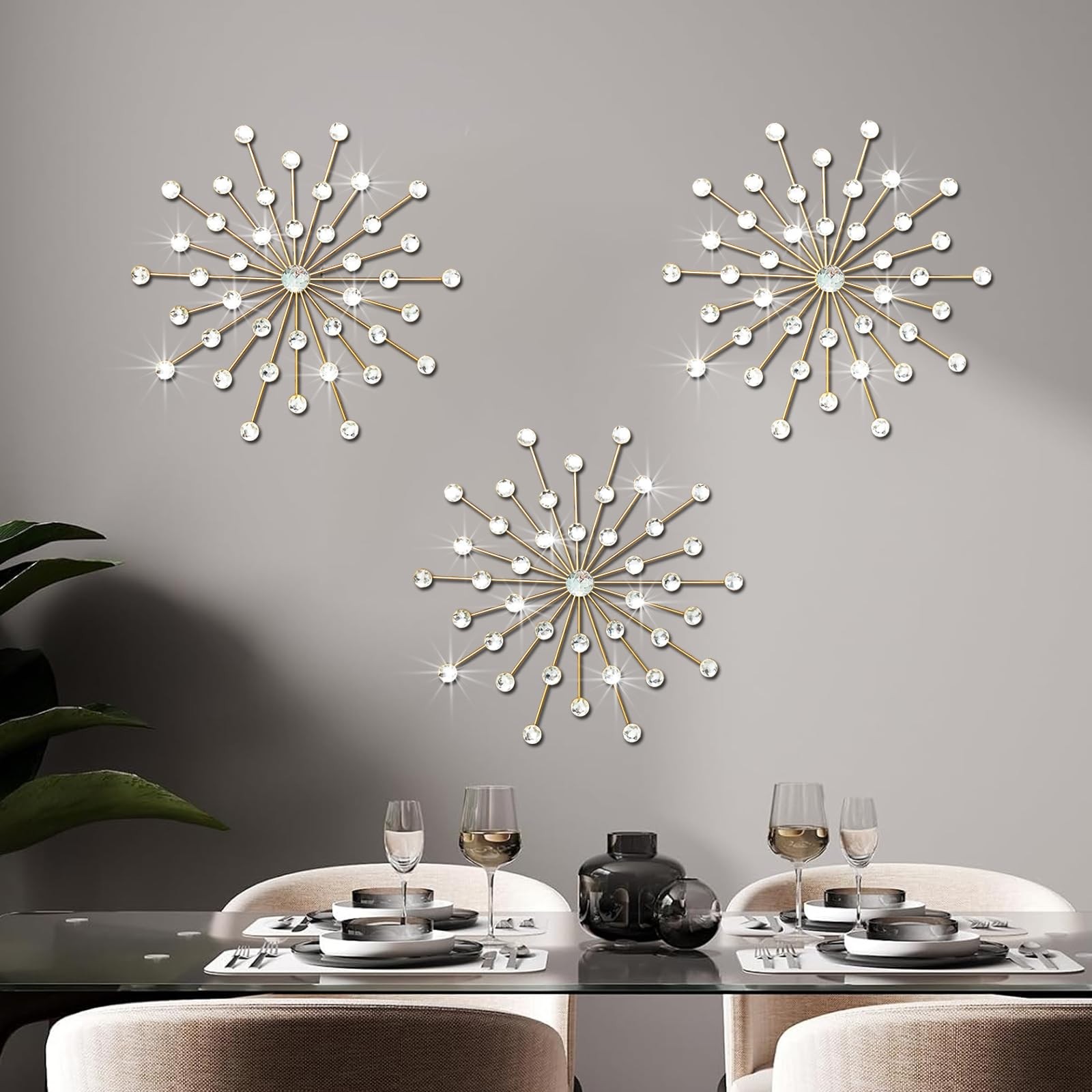 3 Set Gold Starburst Wall Art for Home Decor Metal Bling Crystal Rhinestones …