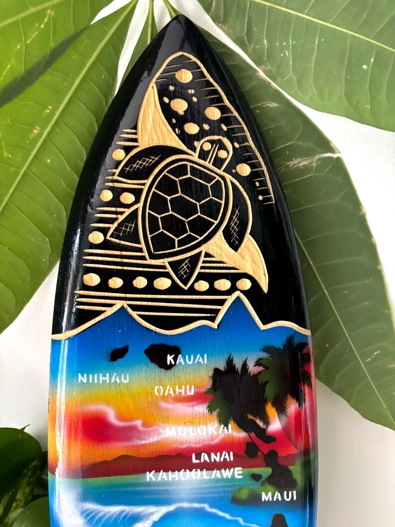 Hawaii Hand Made 20″ Carved Wood Surfboard Home Decor Engraved Turtle Honu