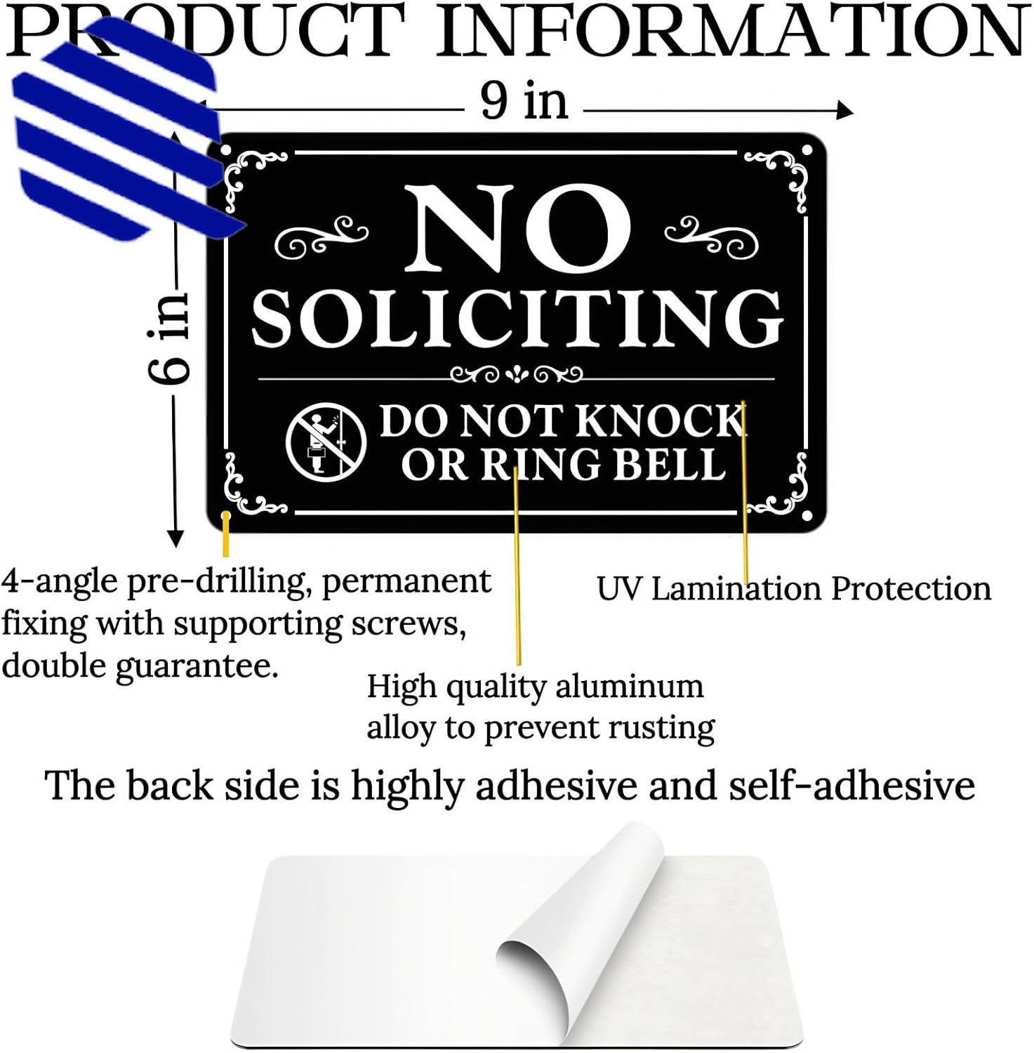 No Soliciting Sign for Front Door 9 X 6 Inches Self Adhesive No Solicitin 2 Pack