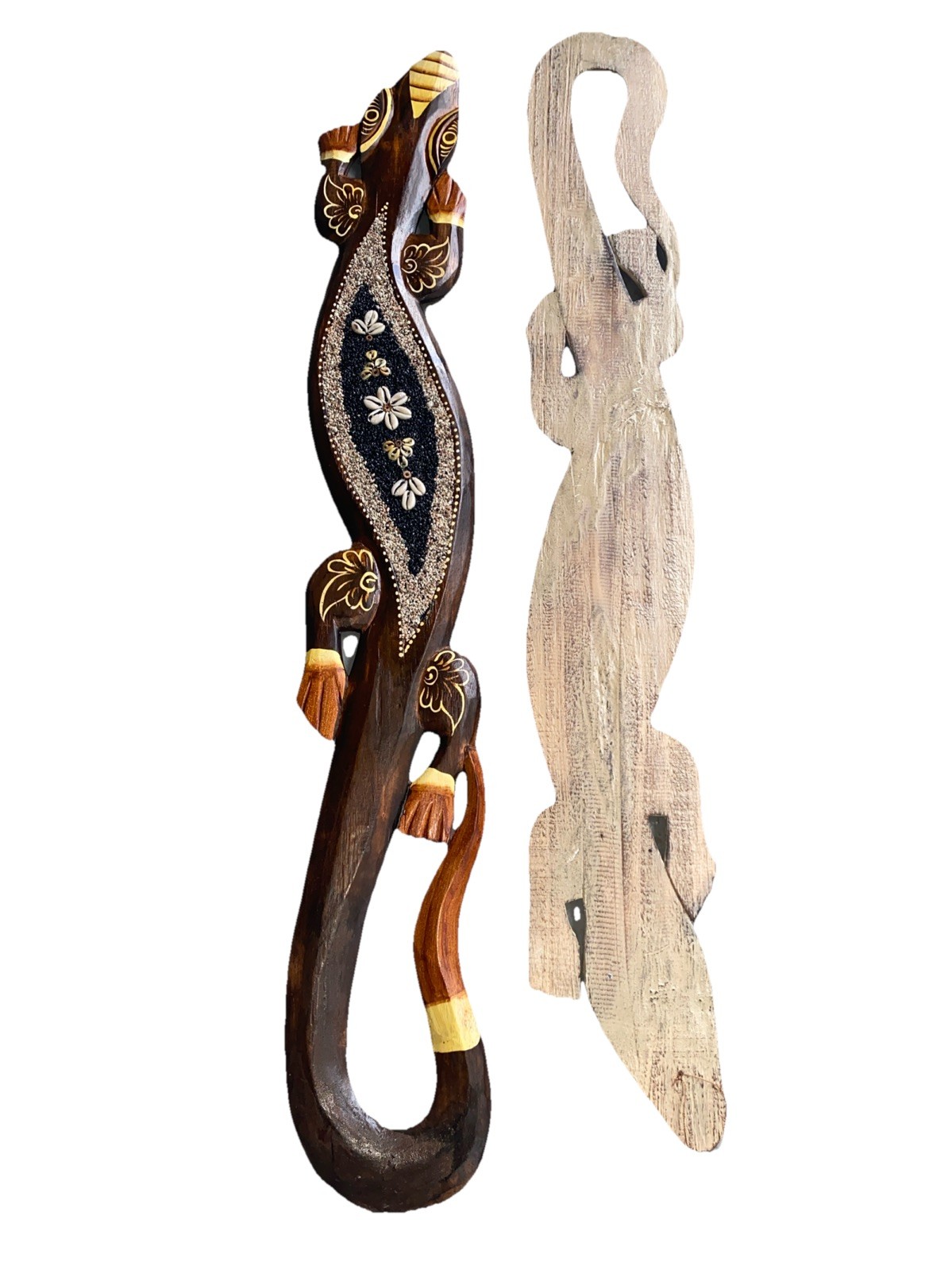 SET OF 2 40” GECKOS HAND CARVED WOOD WALL ART TROPICAL TIKI BAR DECOR