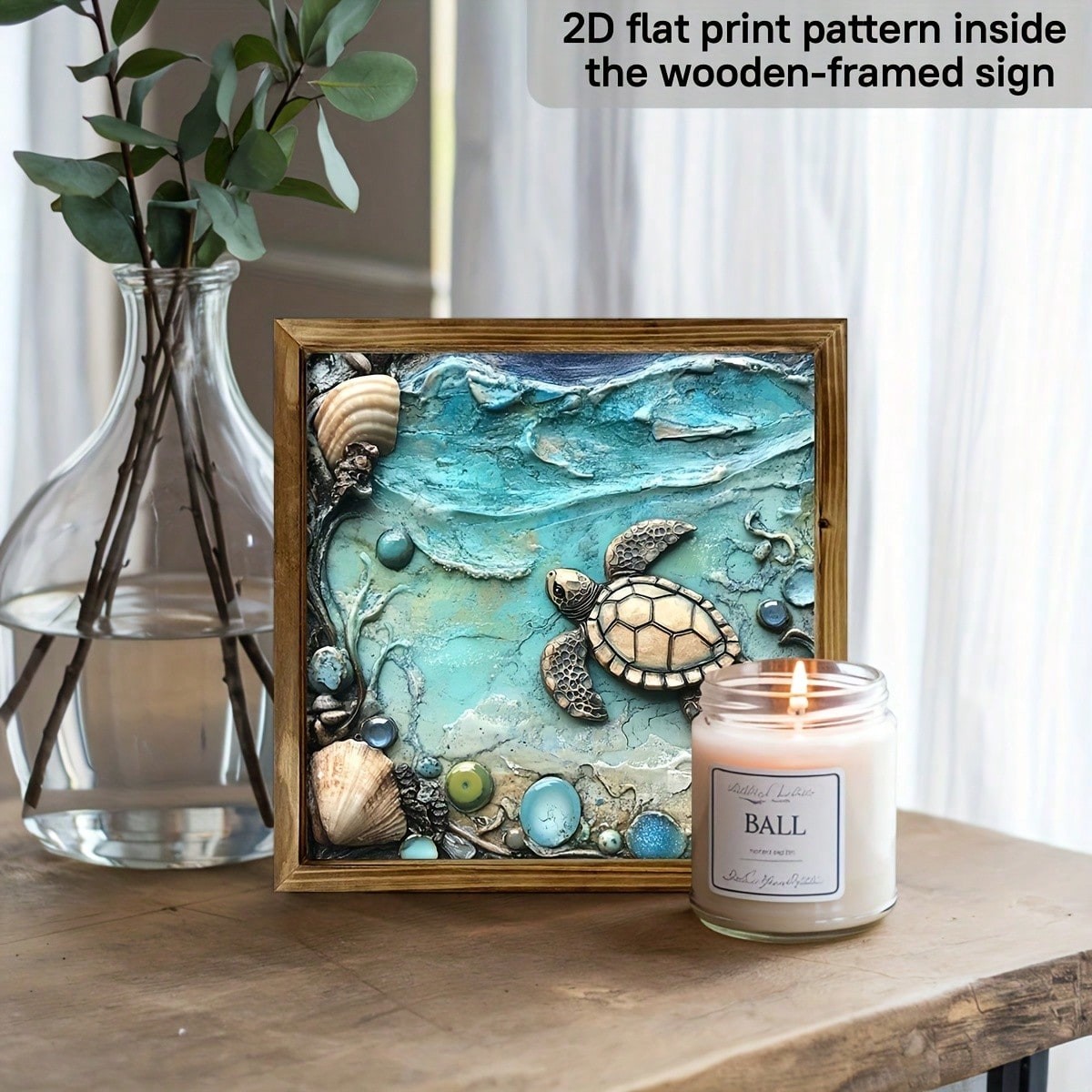 3D Relief Sea Turtle Seashell Ocean Wooden Plaque Coastal Bathroom Wall Decor