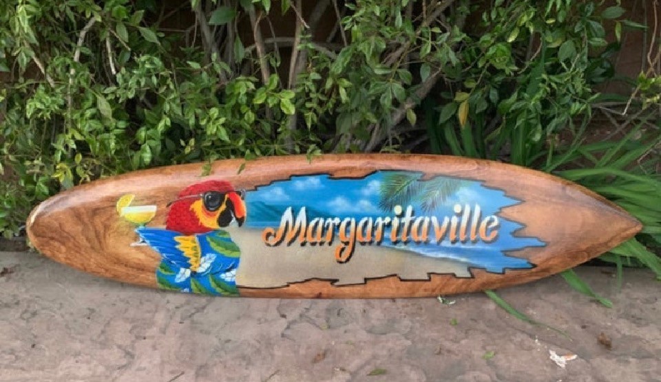 Margaritaville Tropical Parrot Surfboard Wall Plaque Mango Wood 39″x 10″