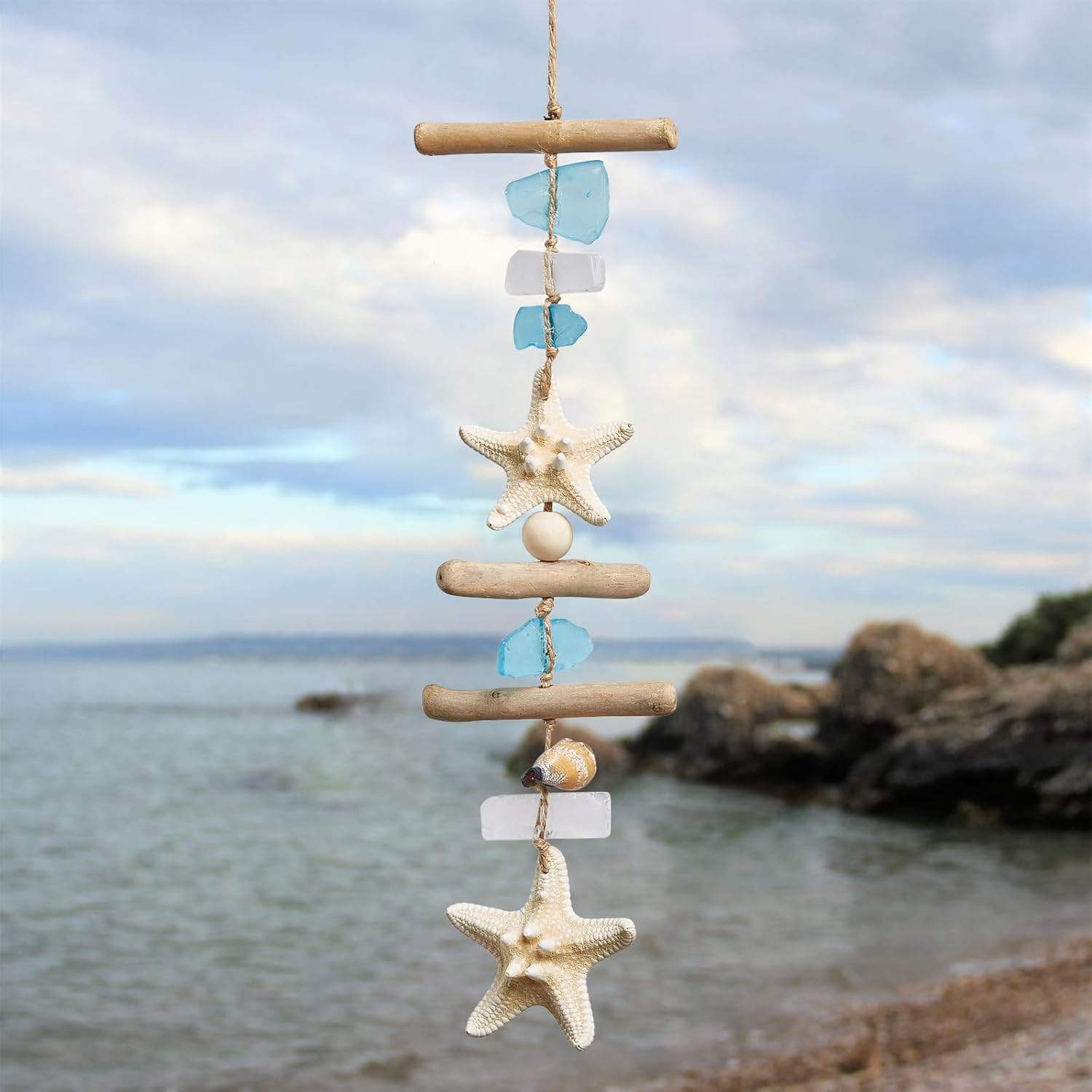 Sea Glass Wooden Nautical Wall Decor, Coastal Starfish Bathroom Decor Sea