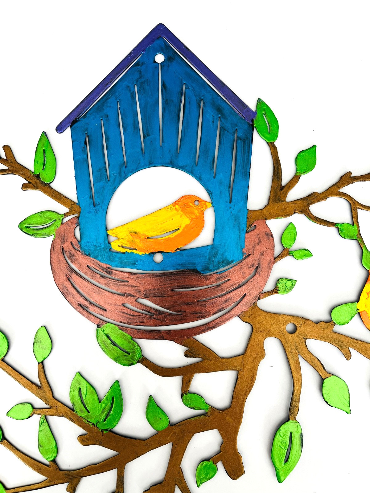 Tree Branch with Birds Bird House Metal Wall Art Hand Painted Metallic Paints