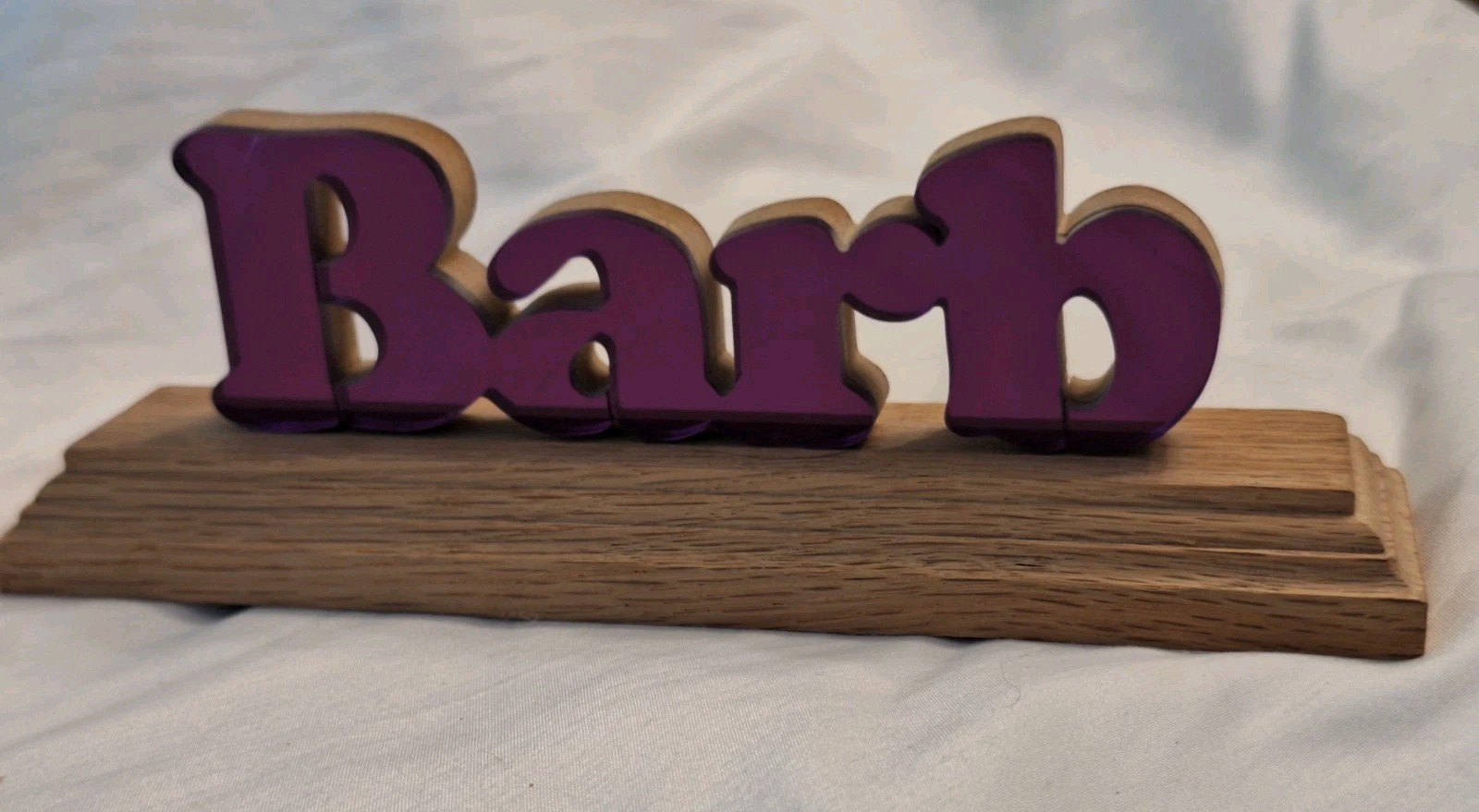 Personalized Name Desk Plaque “BARB” Purple Metallic Letters On Wood 7″ Long