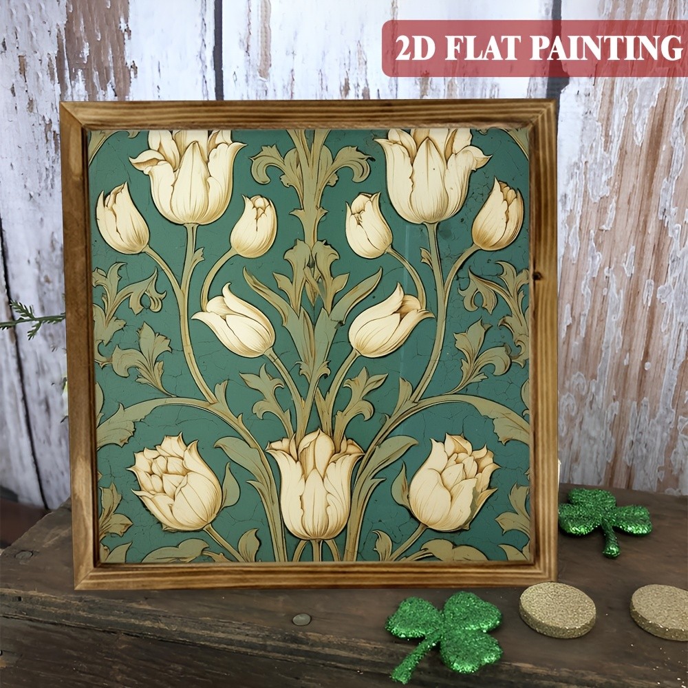 Vintage White Tulip Wooden Framed Art Farmhouse Style Floral Home Wall Decor