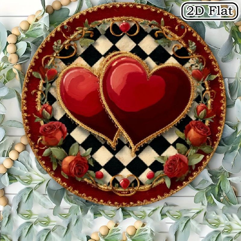 Red Heart and Rose Metal Sign Black White Checkered Wall Hanging Art Decoration