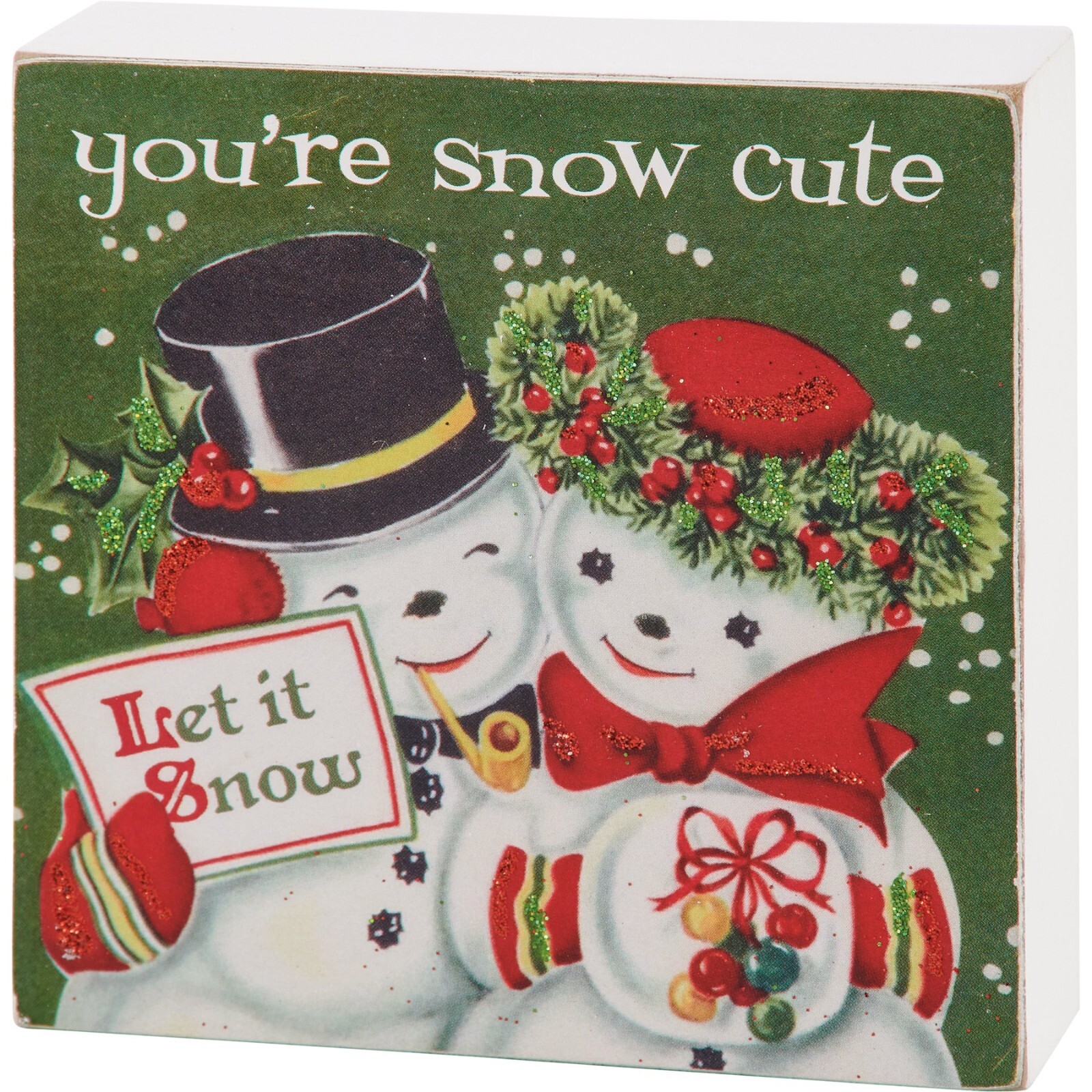 Snow Cute Snowman Retro Christmas Primitives by Kathy Wood Block Sign 4 in x 4in