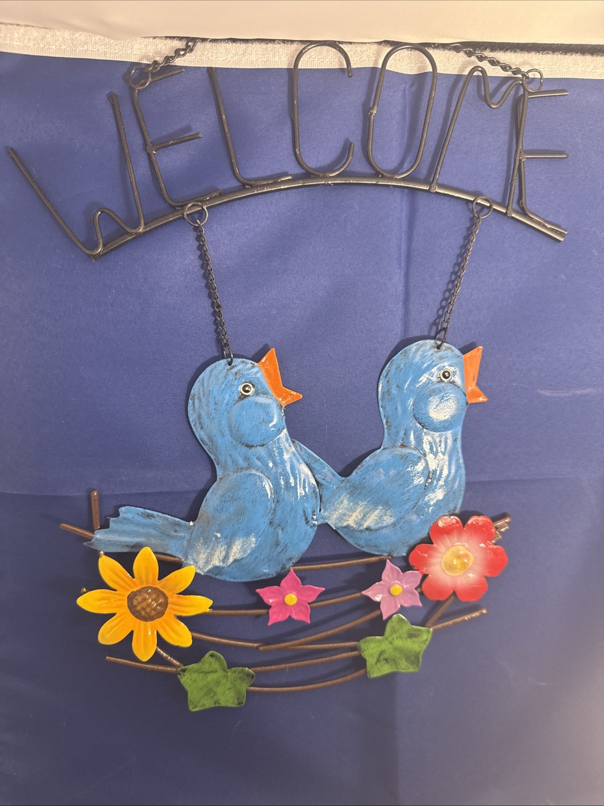 Vintage Metal Hand-Painted Welcome Bluebird Chicks Sunflower Flowers Sign