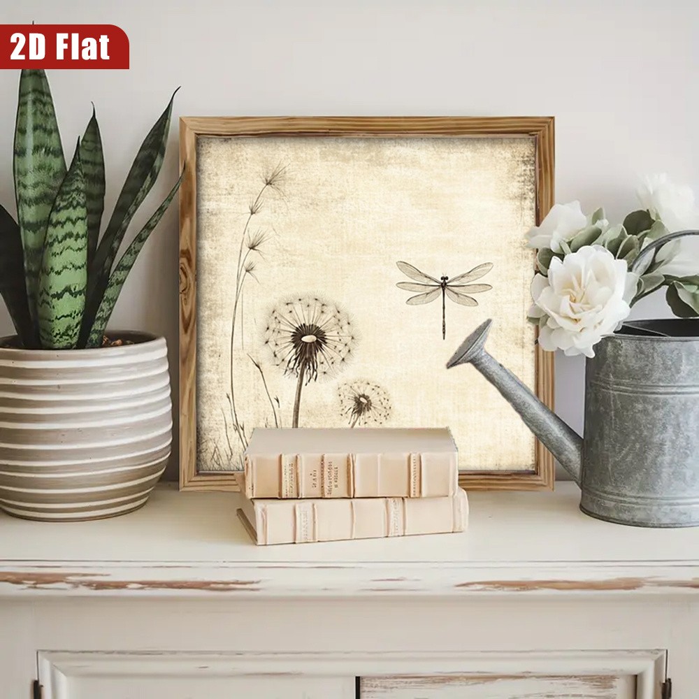 Farmhouse Framed Dandelion Dragonfly Wall Art Vintage Nature Home Decor 8x8in