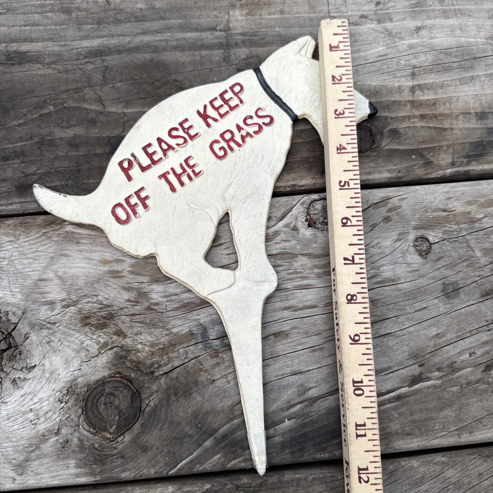 Vintage White Schnauzer Dog Painted Cast Iron Keep Off Grass Sign Lawn Ornament