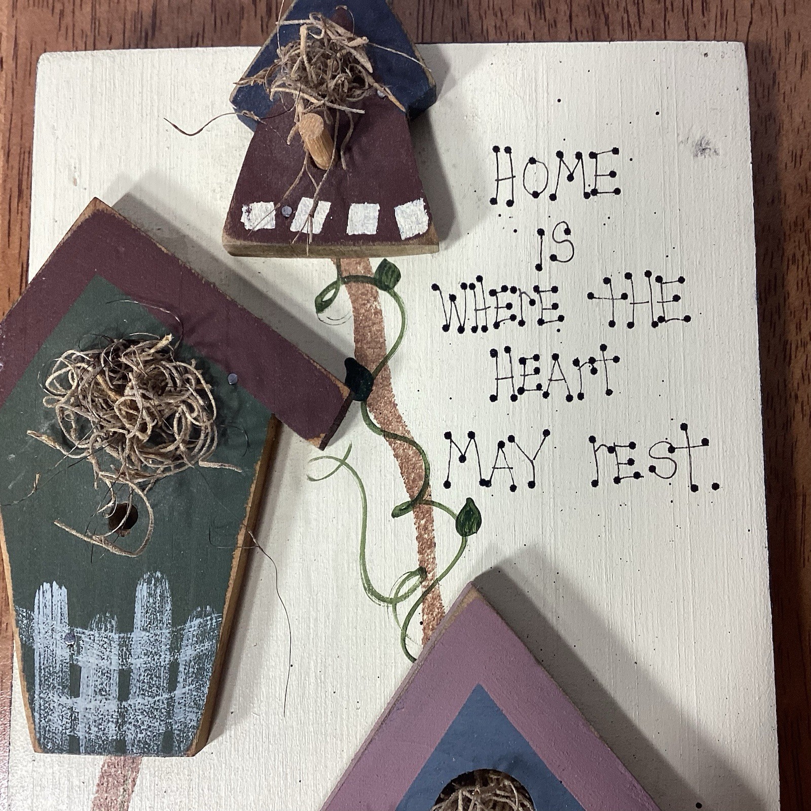 Hand Painted Wooded Primative Plaque Wall Hanging Bird Houses Home Quote