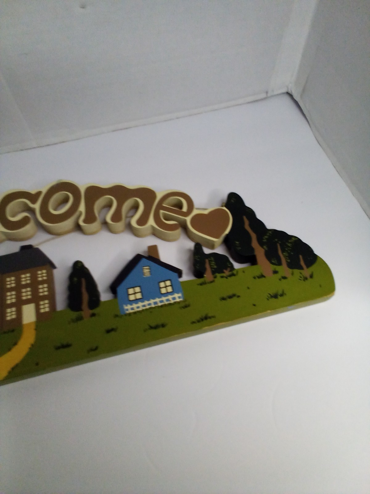 Vintage Folk Art Welcome Sign Houses Trees Hand Painted Cottagecore 19″ x 7″