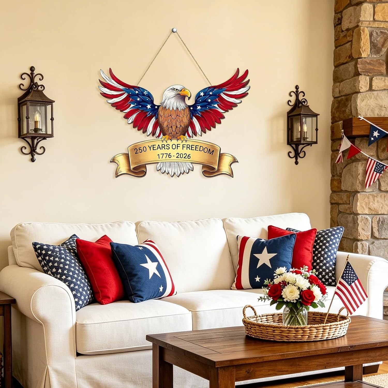 250th Anniversary 4th of July Door Sign, American Eagle 1776-2026 Wreath Patriot