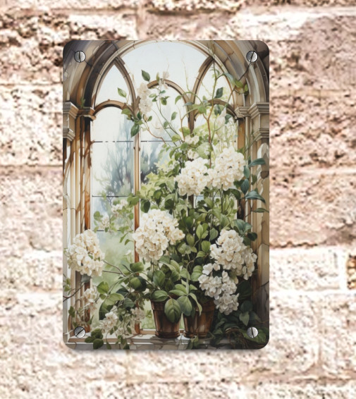 Victorian White Hydrangea Flowers Window Vintage Wall Decor Metal Wall Sign