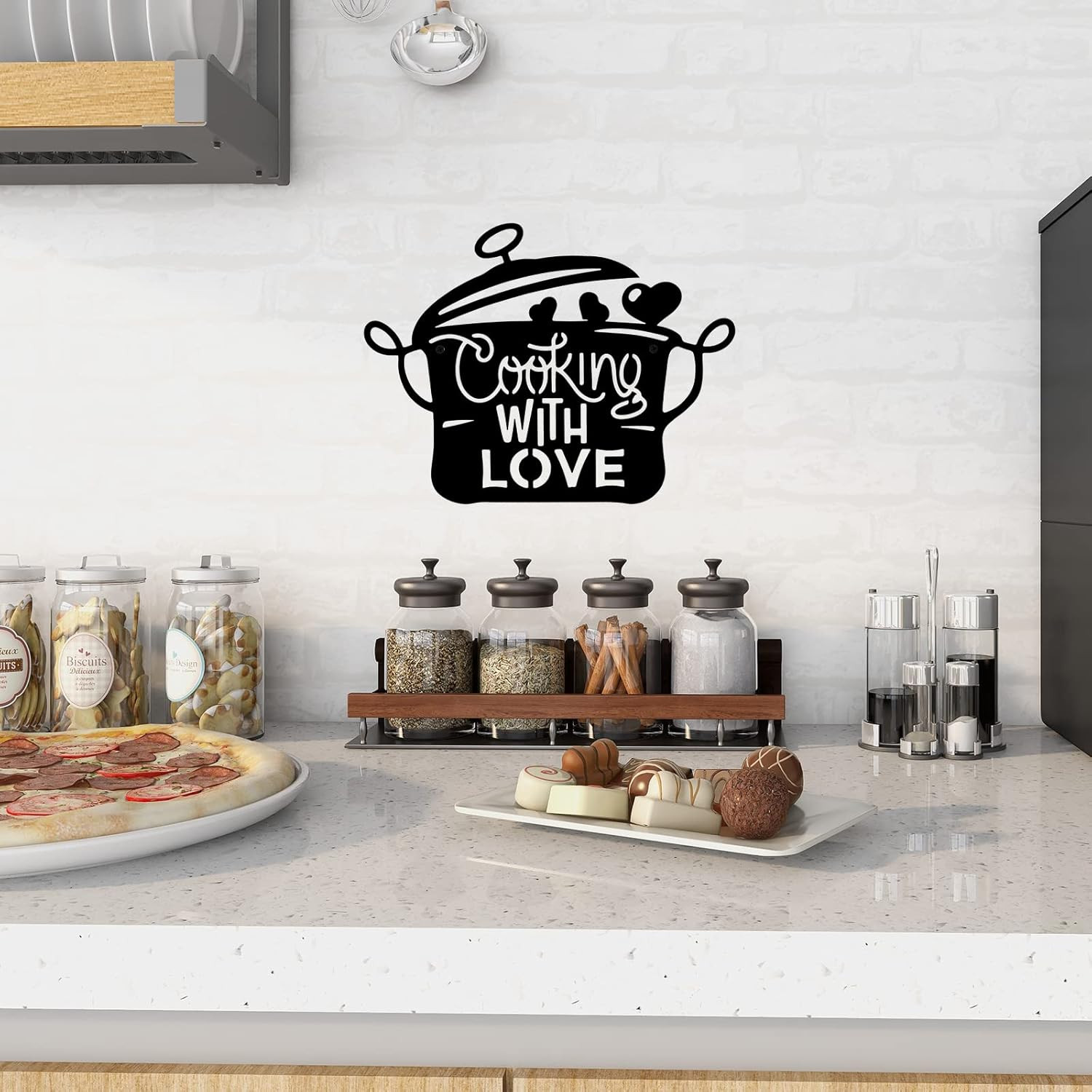 14 x 11 inch Black Metal Kitchen Pot Wall Decor Cooking with Love Kitchen decora