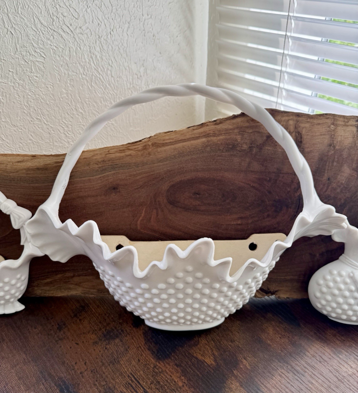 Vintage Burwood Hobnail Wall Decor Set White Basket Vase Plaque Cottagecore MCM