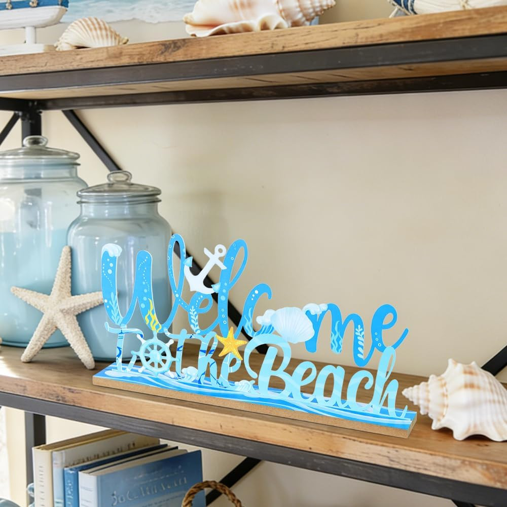 Coastal Beach Decor, Wood Metal Welcome to the Beach Sign for Table Decor, Farmh