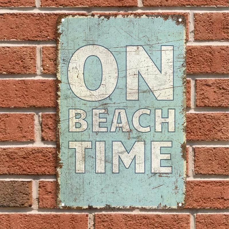 Vintage Beach Metal Wall Sign 8×12 Teal White Rustic