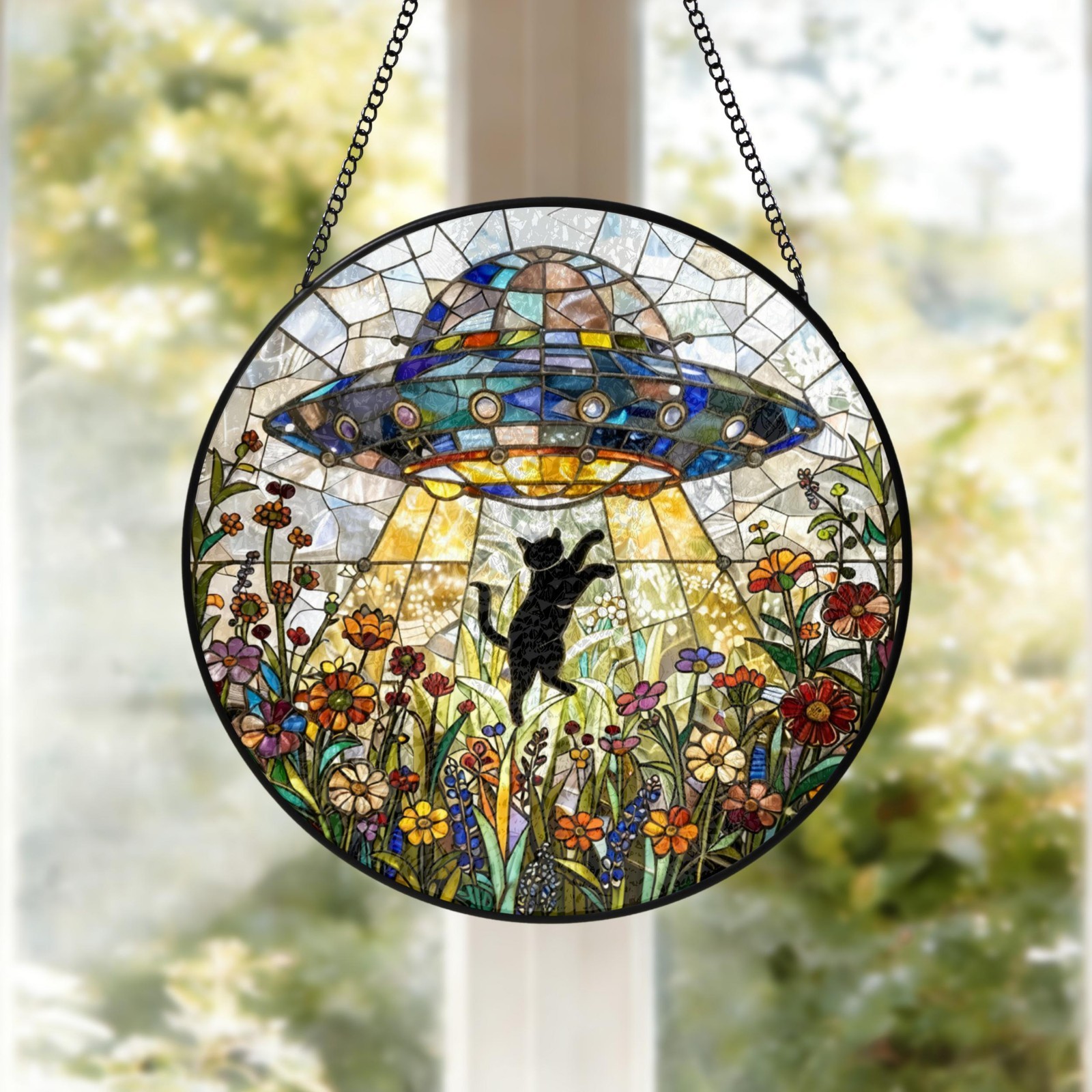 UFO Abduction Black Cat Suncatcher – Custom Alien Spaceship Window Decor